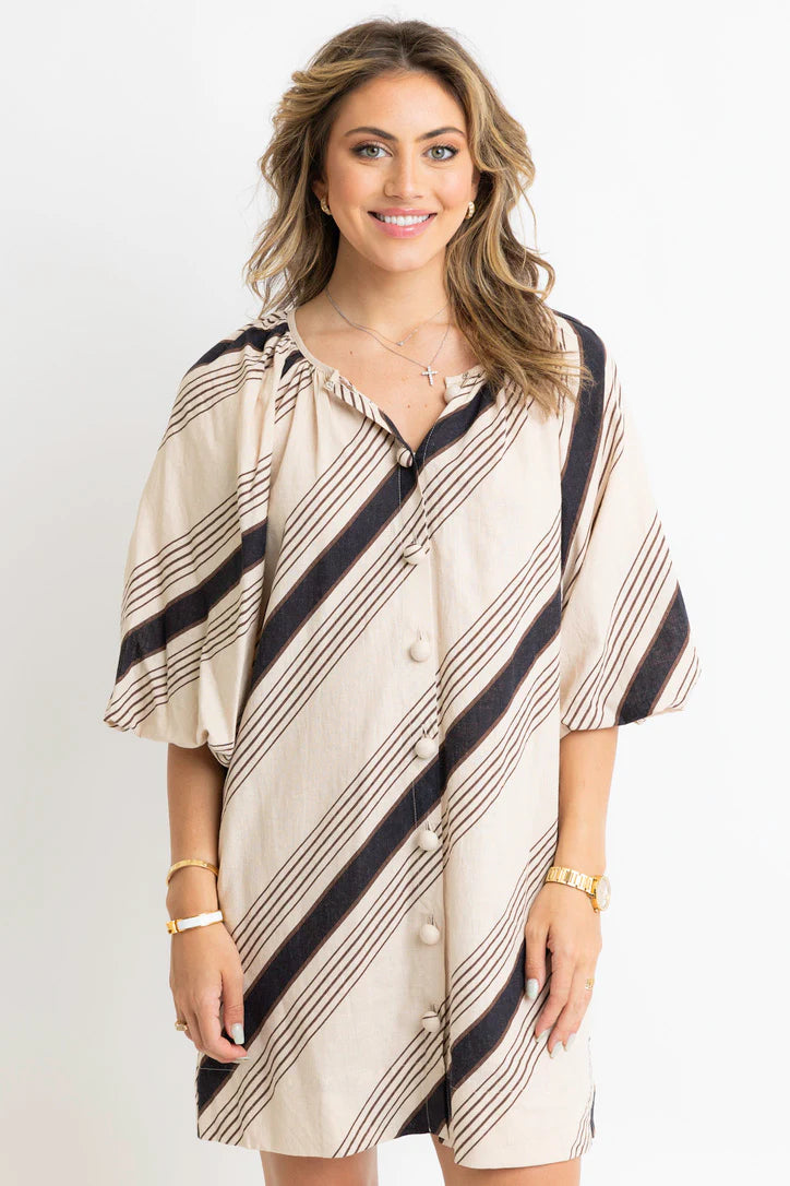 Stripe Puff Sleeve Button Dress - Taupe