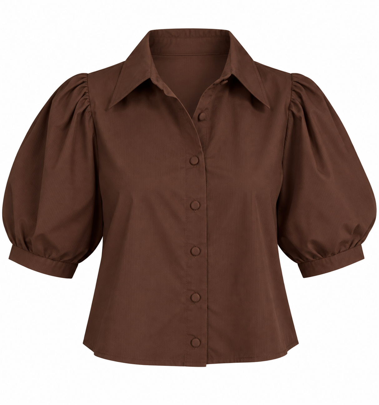 Solid Poplin Button Puff Sleeve Top - Chocolate