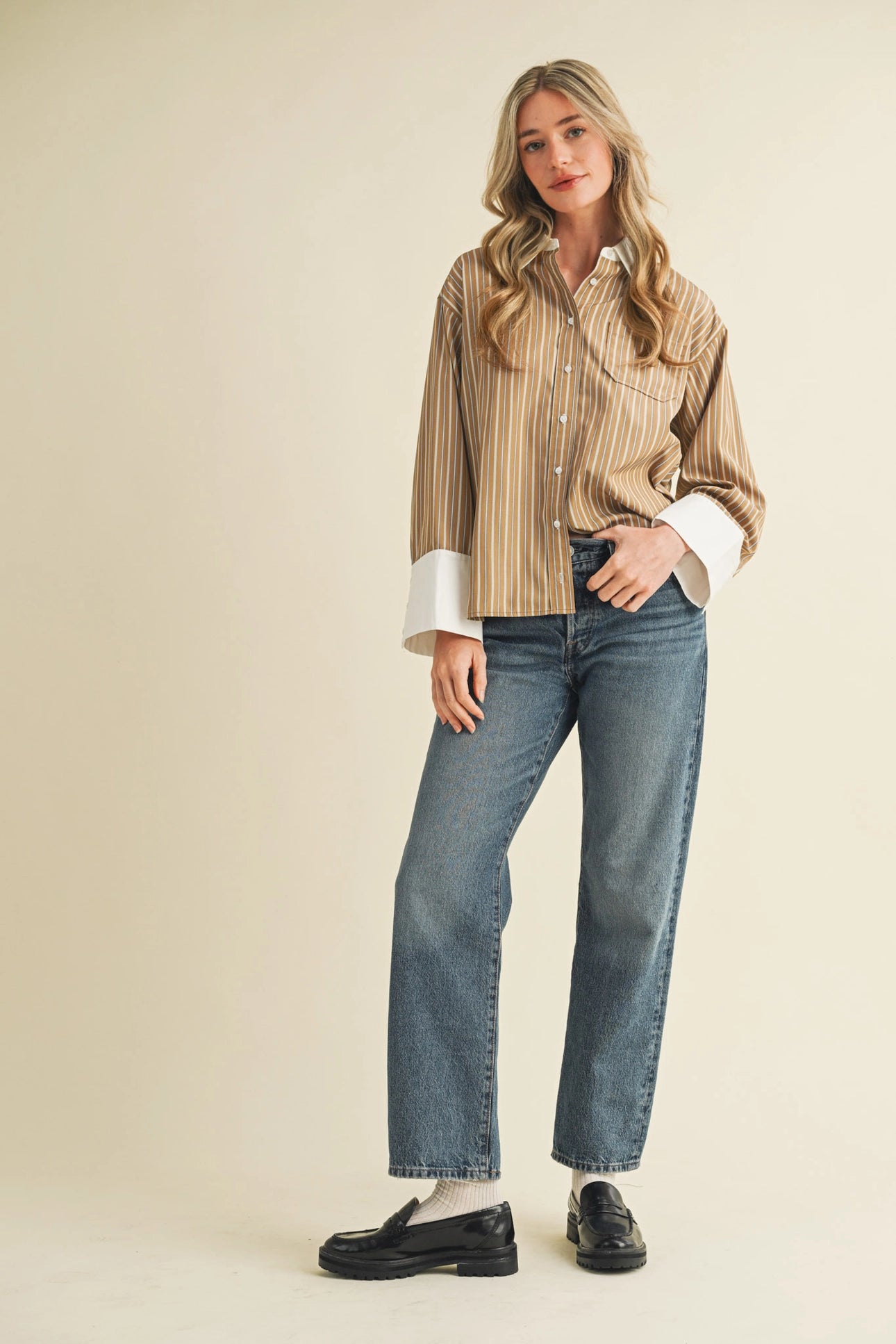 The Stella Striped Wide Cuff Button Down Shirt - Two Colors