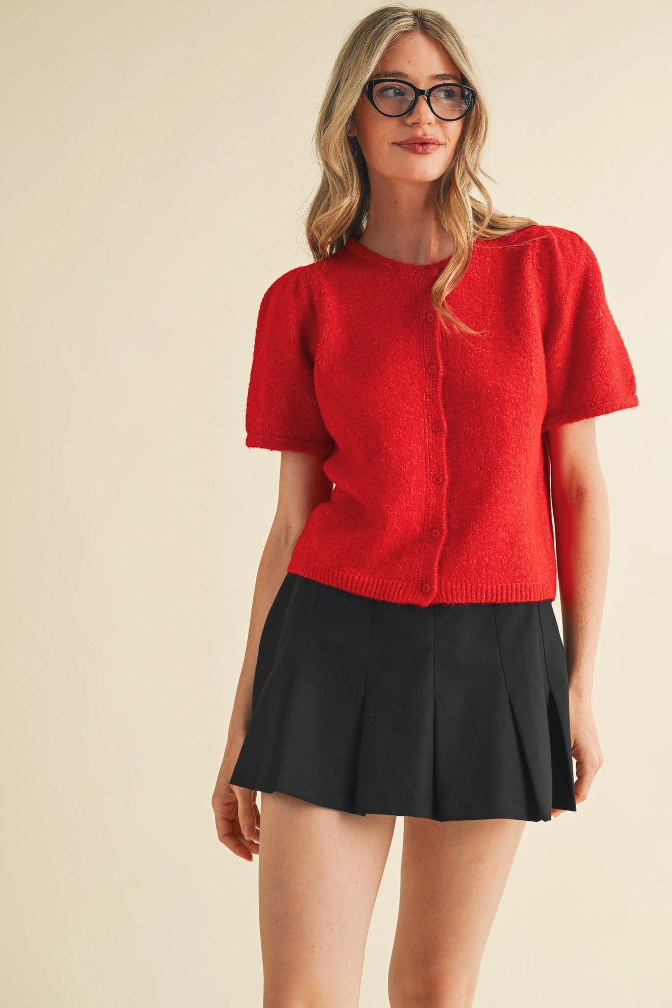 The Scottie Short Puff Sleeve Sweater Cardigan - Red