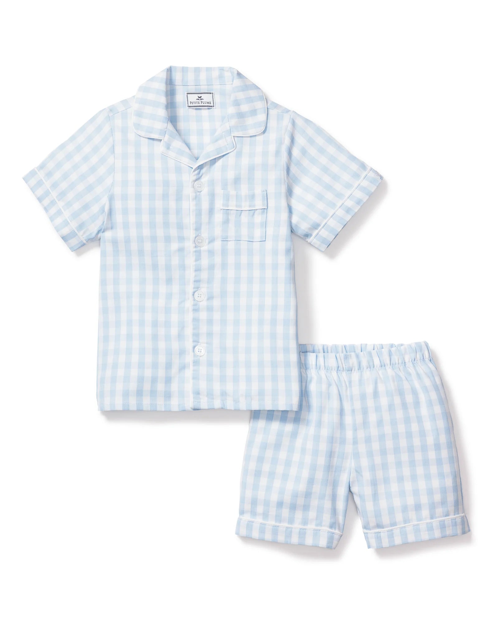 Kid's Twill Pajama Short Set- Light Blue Gingham