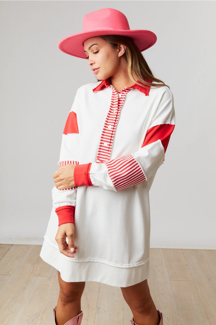 Colorblock Shirt Dress- Red and White