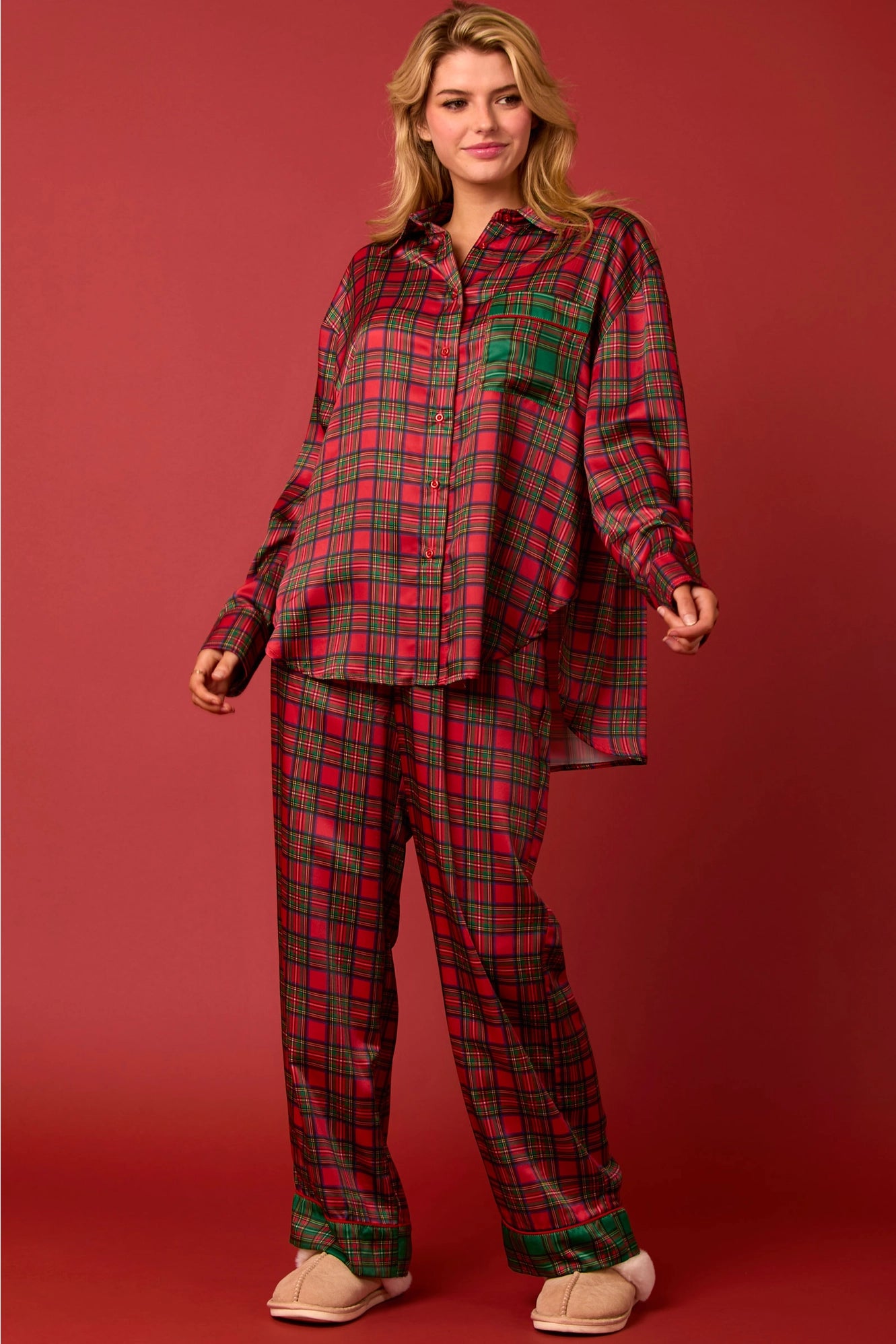 Satin Christmas Pajama Pant Set - Red Check