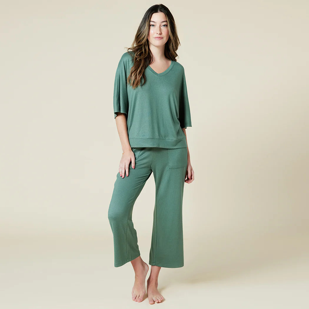 New Dream Relaxed V-Neck w/ Capri Lounge Set - Dusty Green