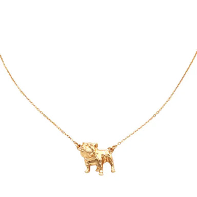 A delicate gold chain necklace featuring a small, detailed bulldog pendant, shown against a plain white background.