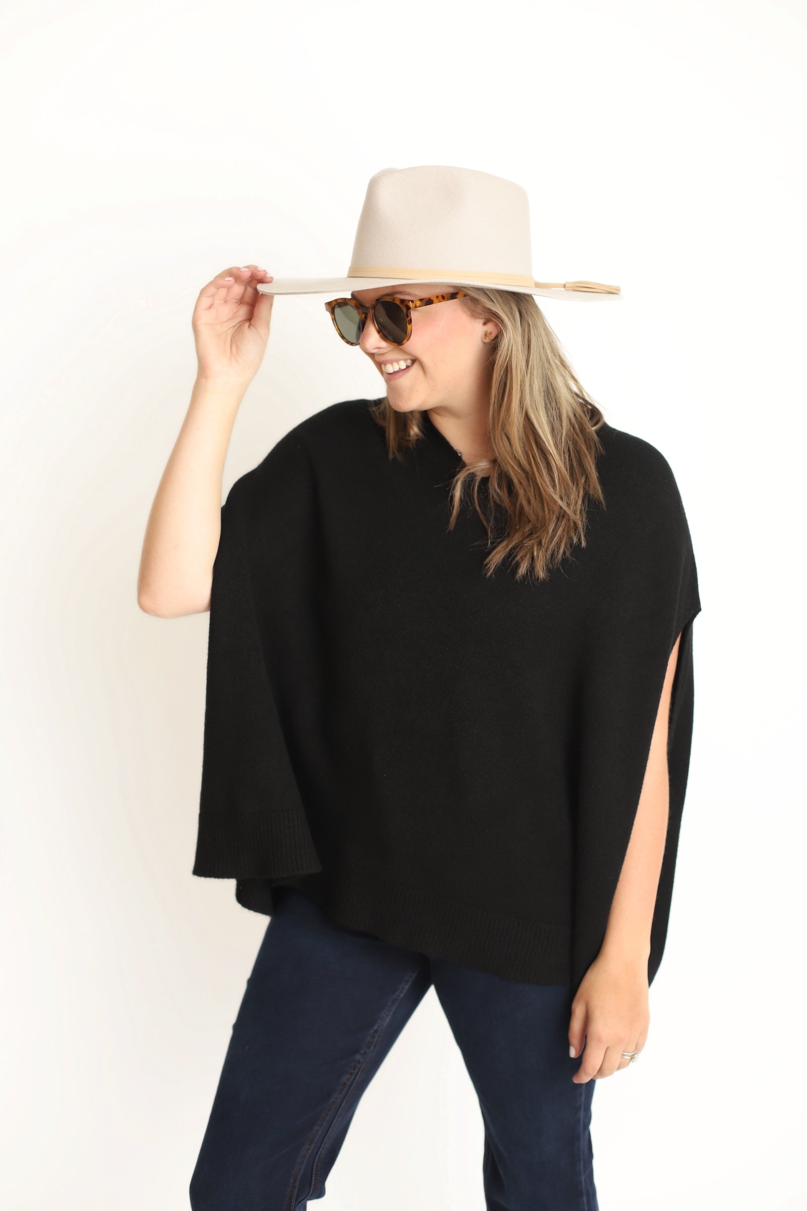 Italian Knit Oversized V-Neck Poncho Sweater - Black