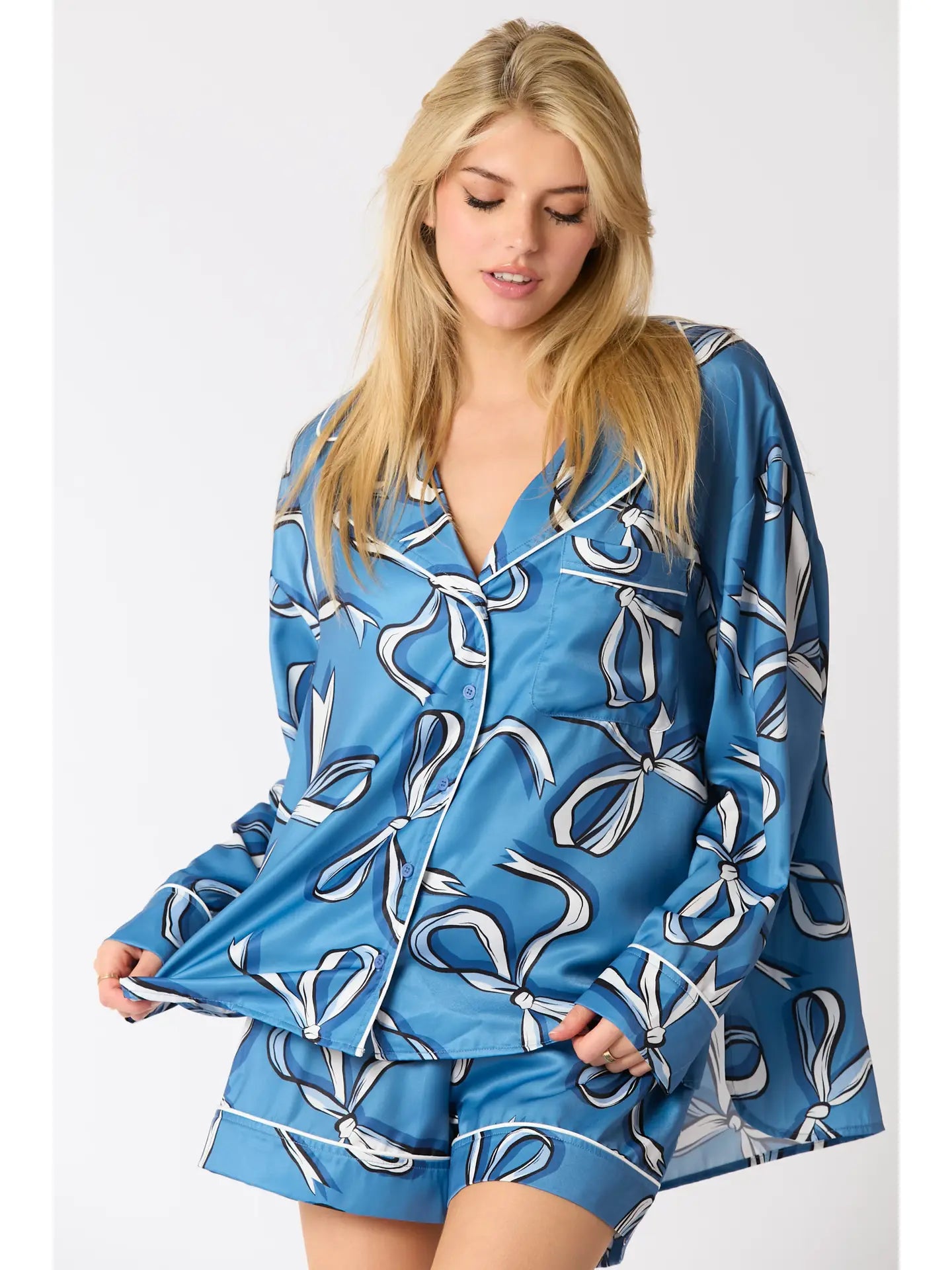 Long Sleeve Bow Printed Pajama Short Set - Navy