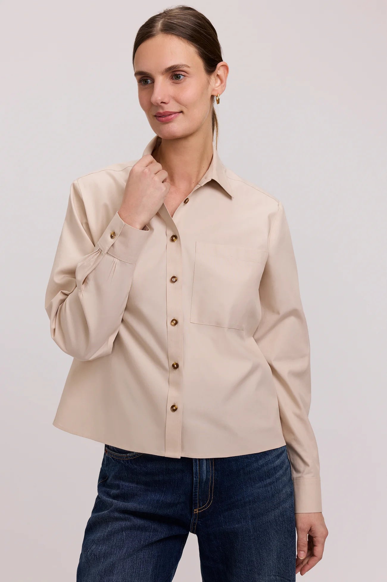Jodie Roll Tab Sleeve Short Shirt - Beige