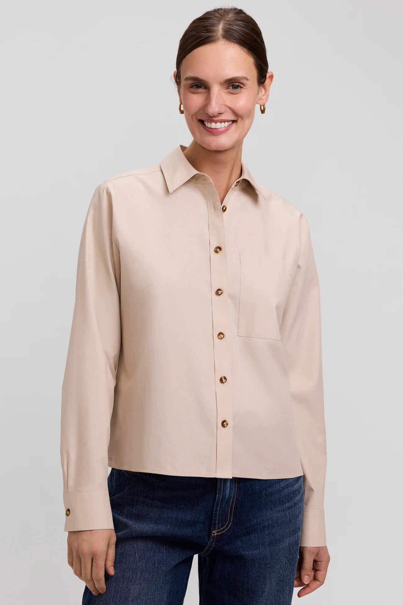 Jodie Roll Tab Sleeve Short Shirt - Beige
