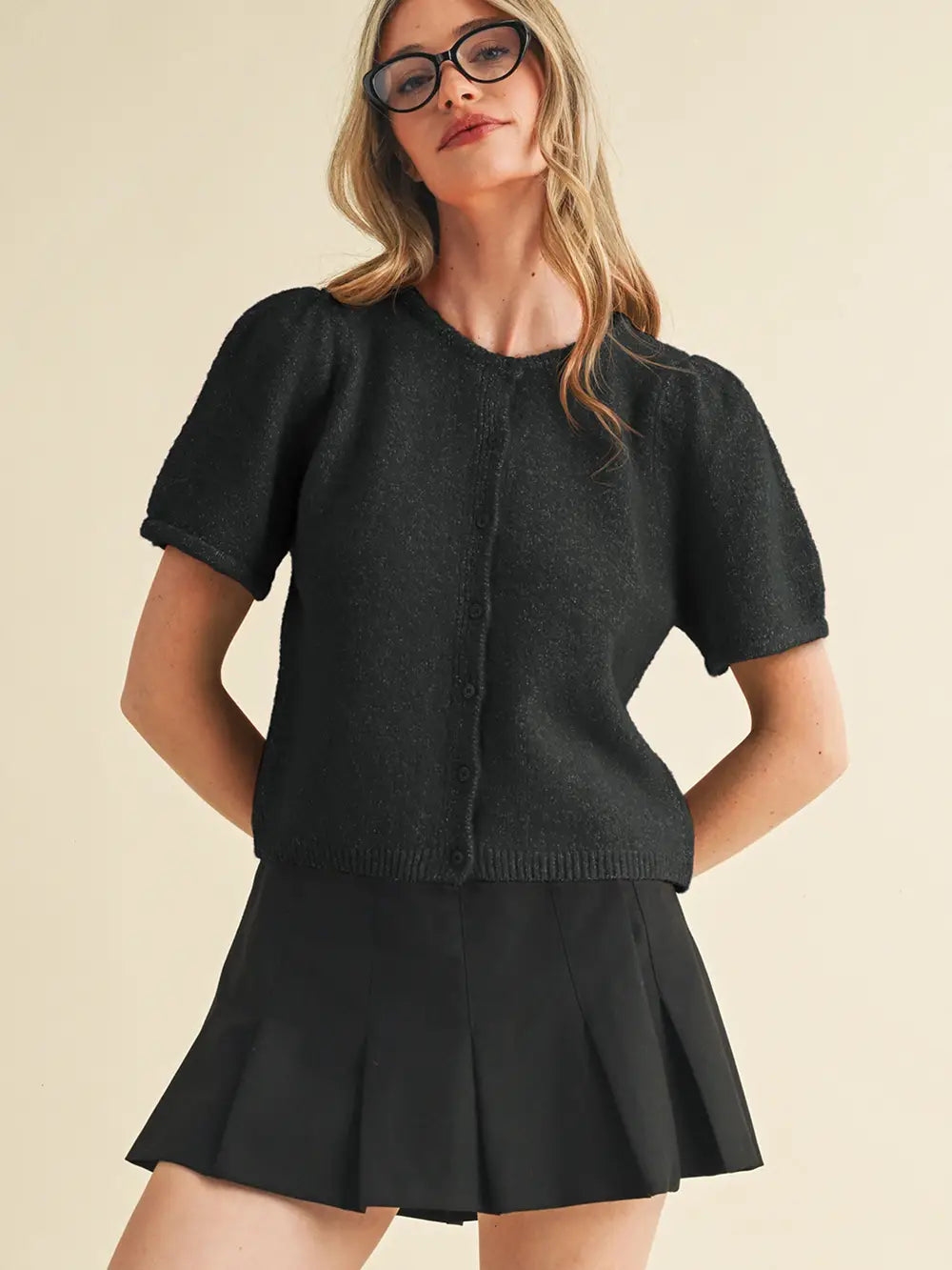 The Scottie Short Puff Sleeve Sweater Cardigan - Black