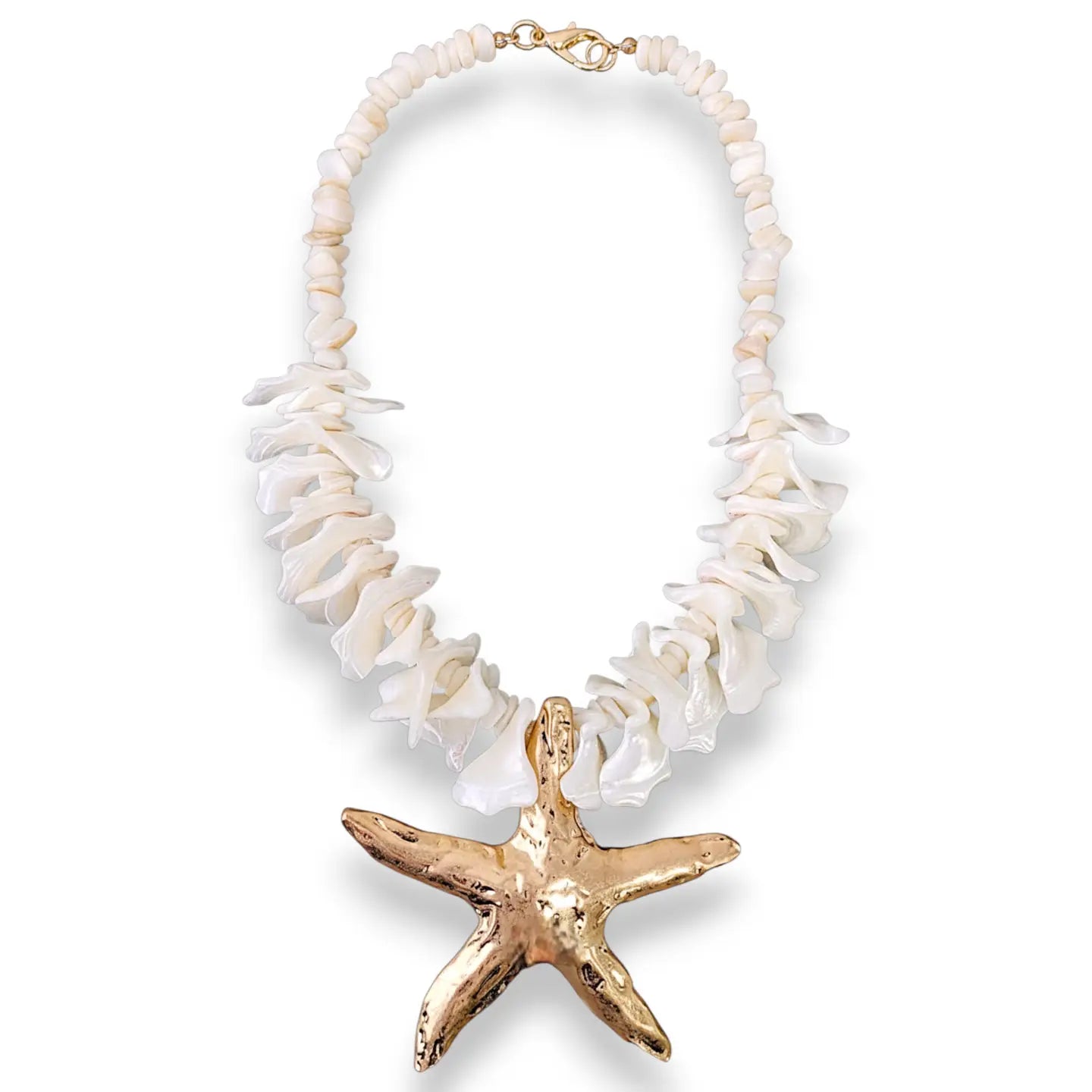 Necklace with white shell beads and a gold starfish pendant on a white background