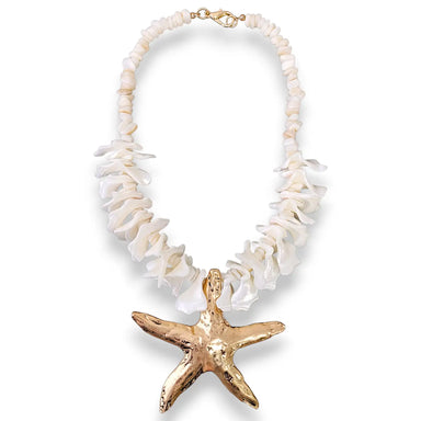 Necklace with white shell beads and a gold starfish pendant on a white background