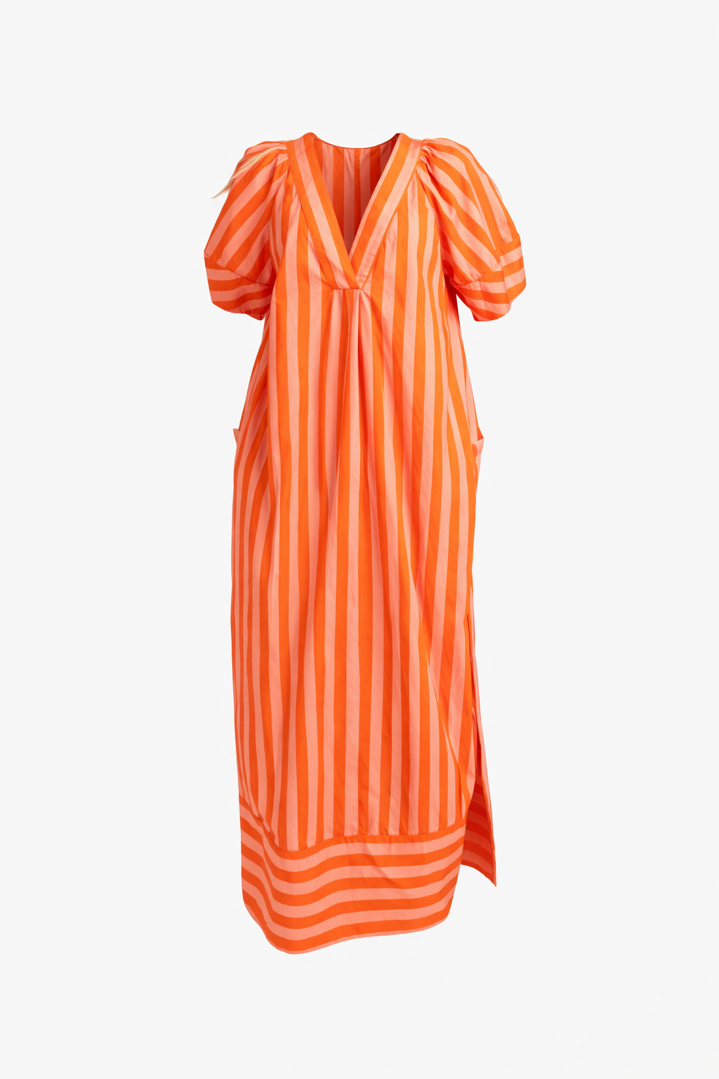 Orange and coral striped dress on a white background 