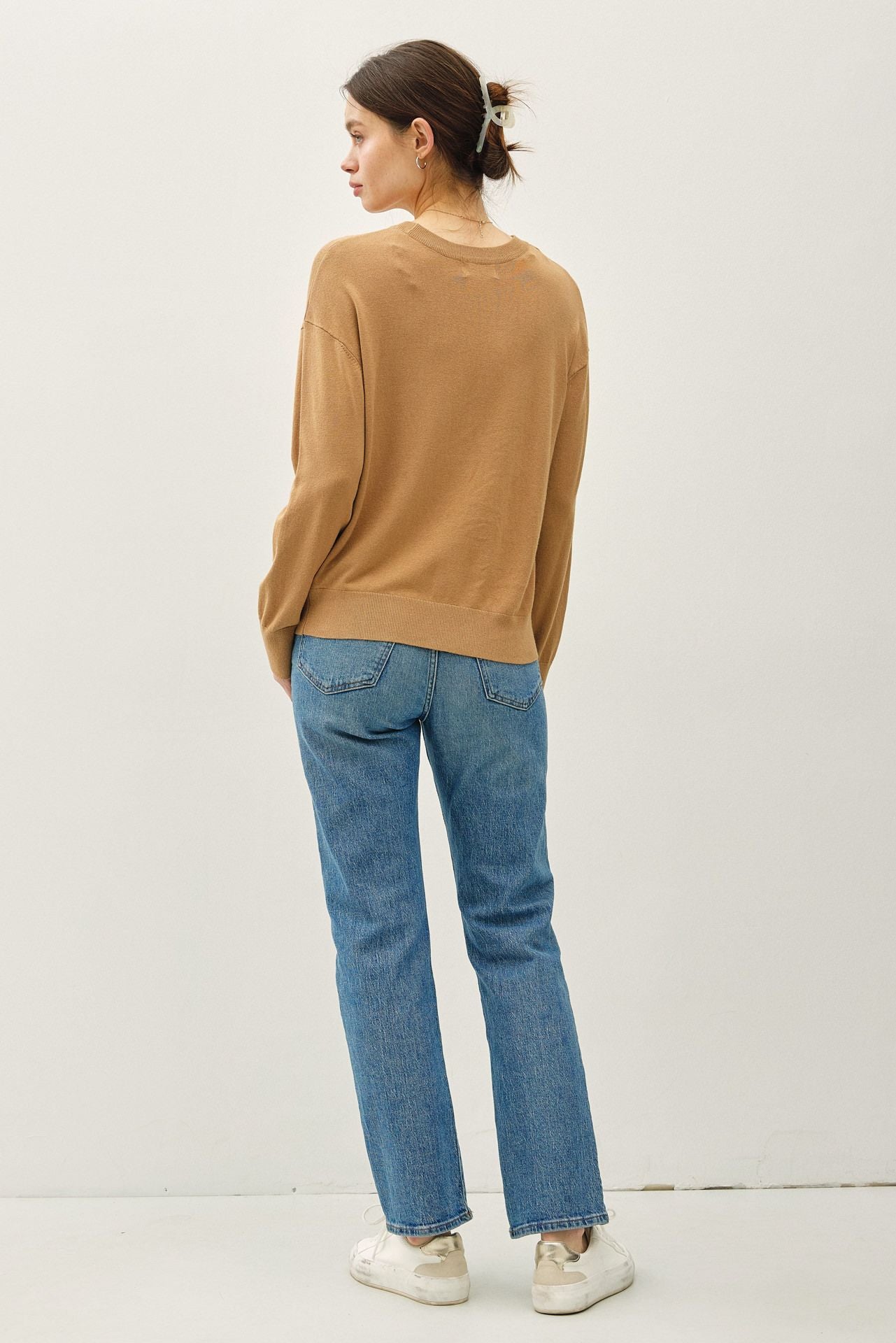 Drop Shoulder Basic Long Sleeve Crewneck Sweater - Two Colors