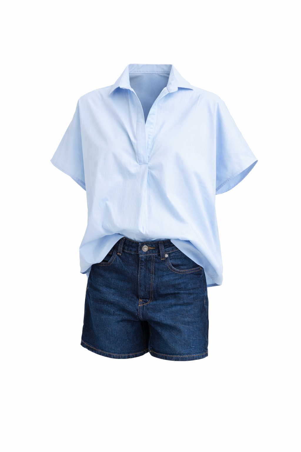 Solid Poplin V Neck Collar Top - Blue