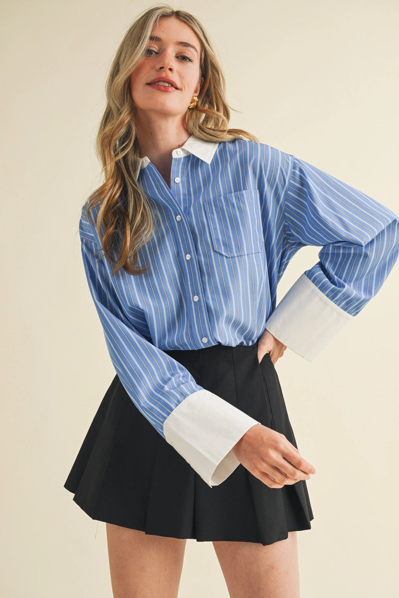 The Stella Striped Wide Cuff Button Down Shirt - Two Colors
