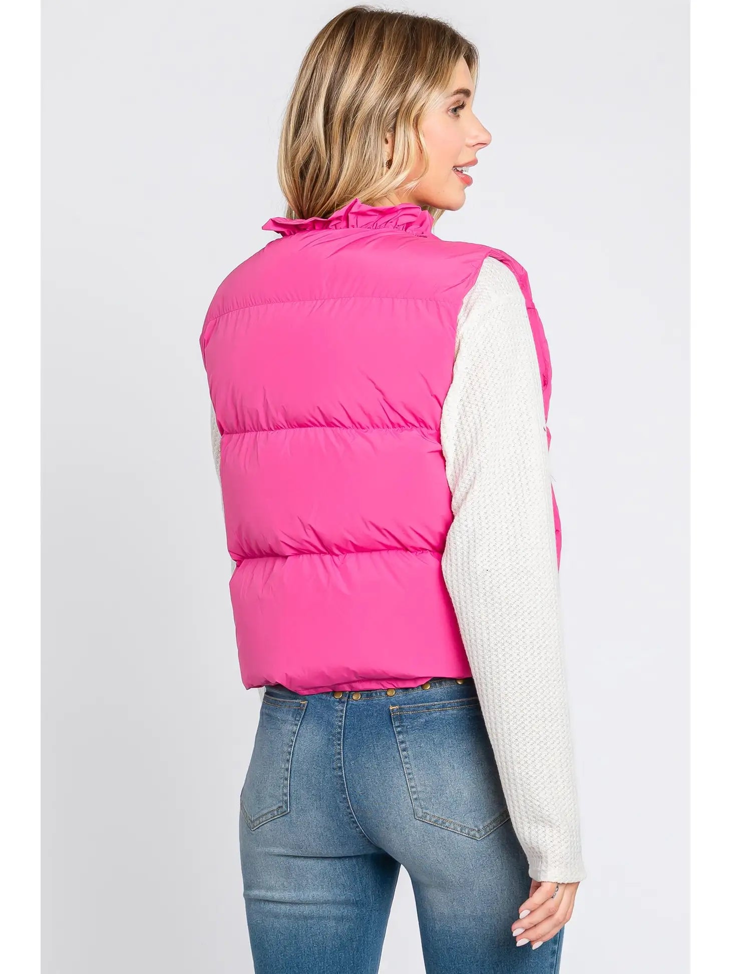 Ruffle Collar Puffer Vest - Pink (Plus Size)