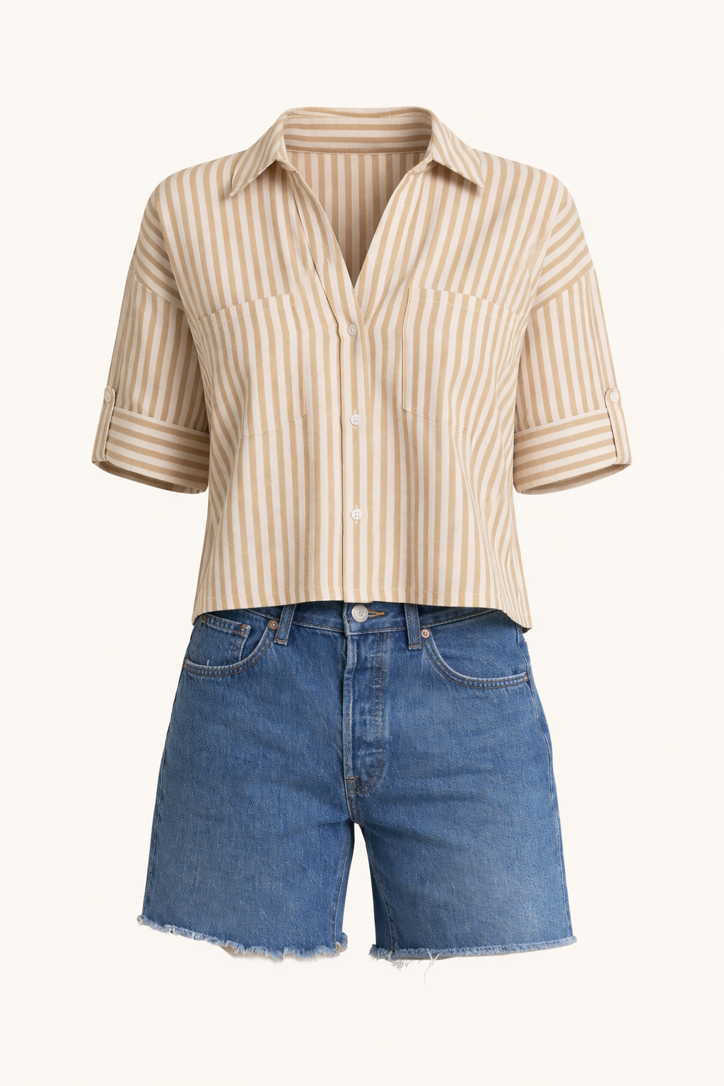 Beige striped shirt and blue denim shorts on a white background