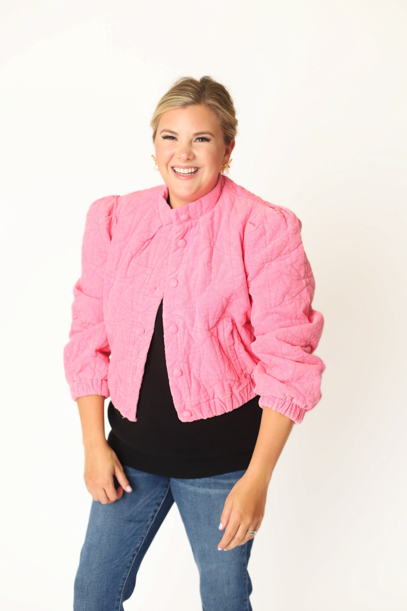 Bow Quilted Padded Corduroy Jacket - Pink