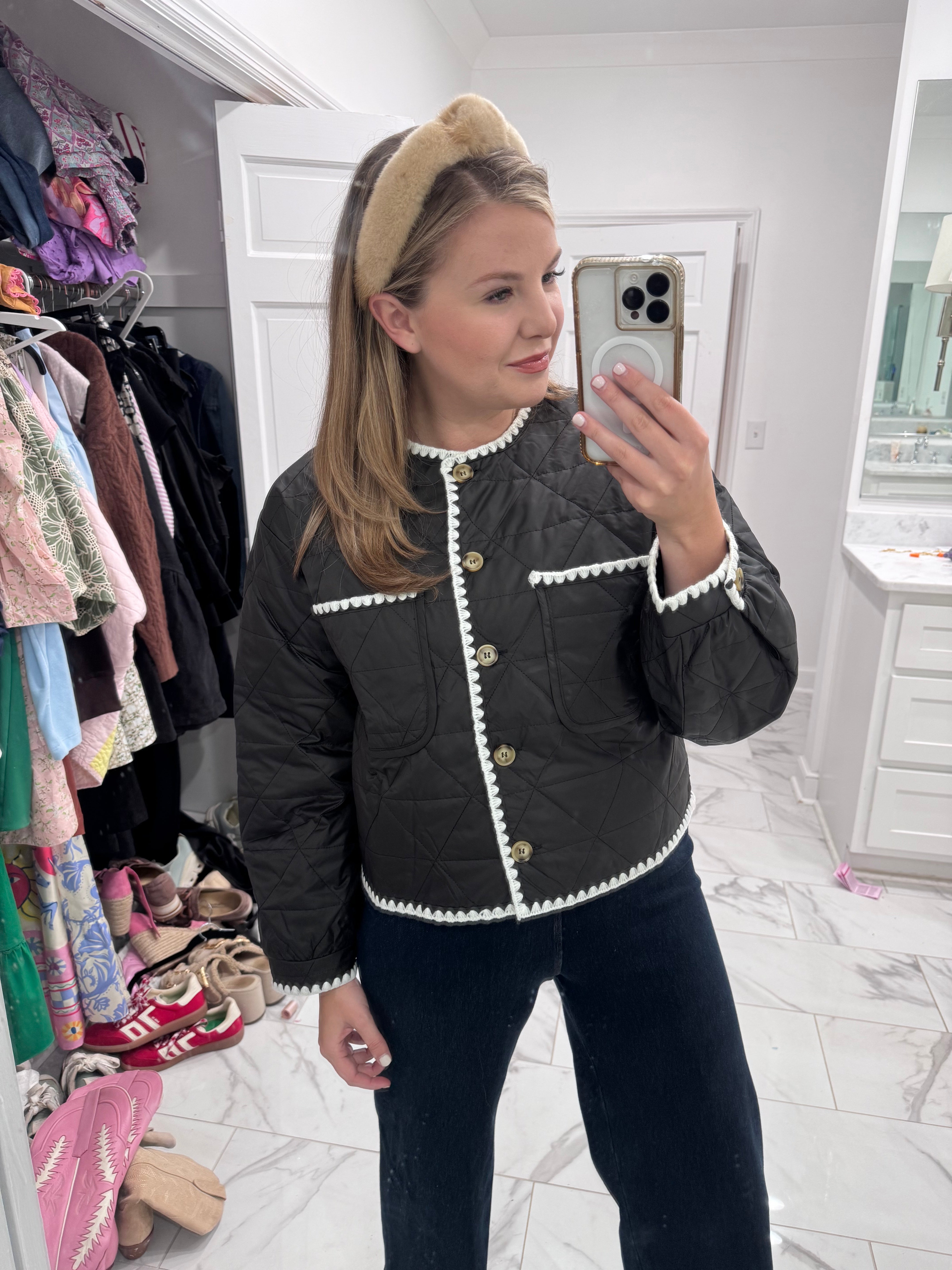 Quilted Jacket with Scallop Trim - Black