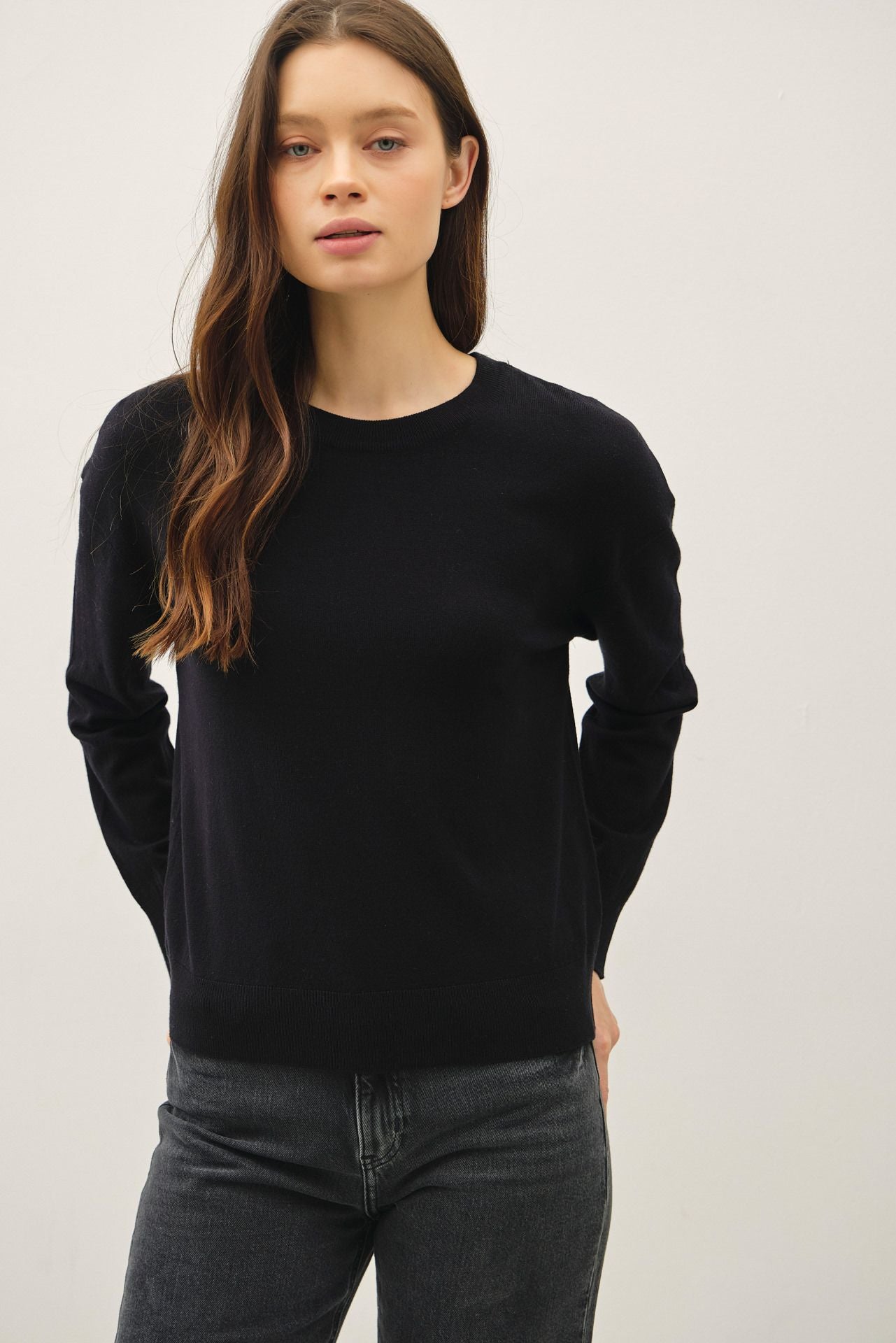 Drop Shoulder Basic Long Sleeve Crewneck Sweater - Two Colors