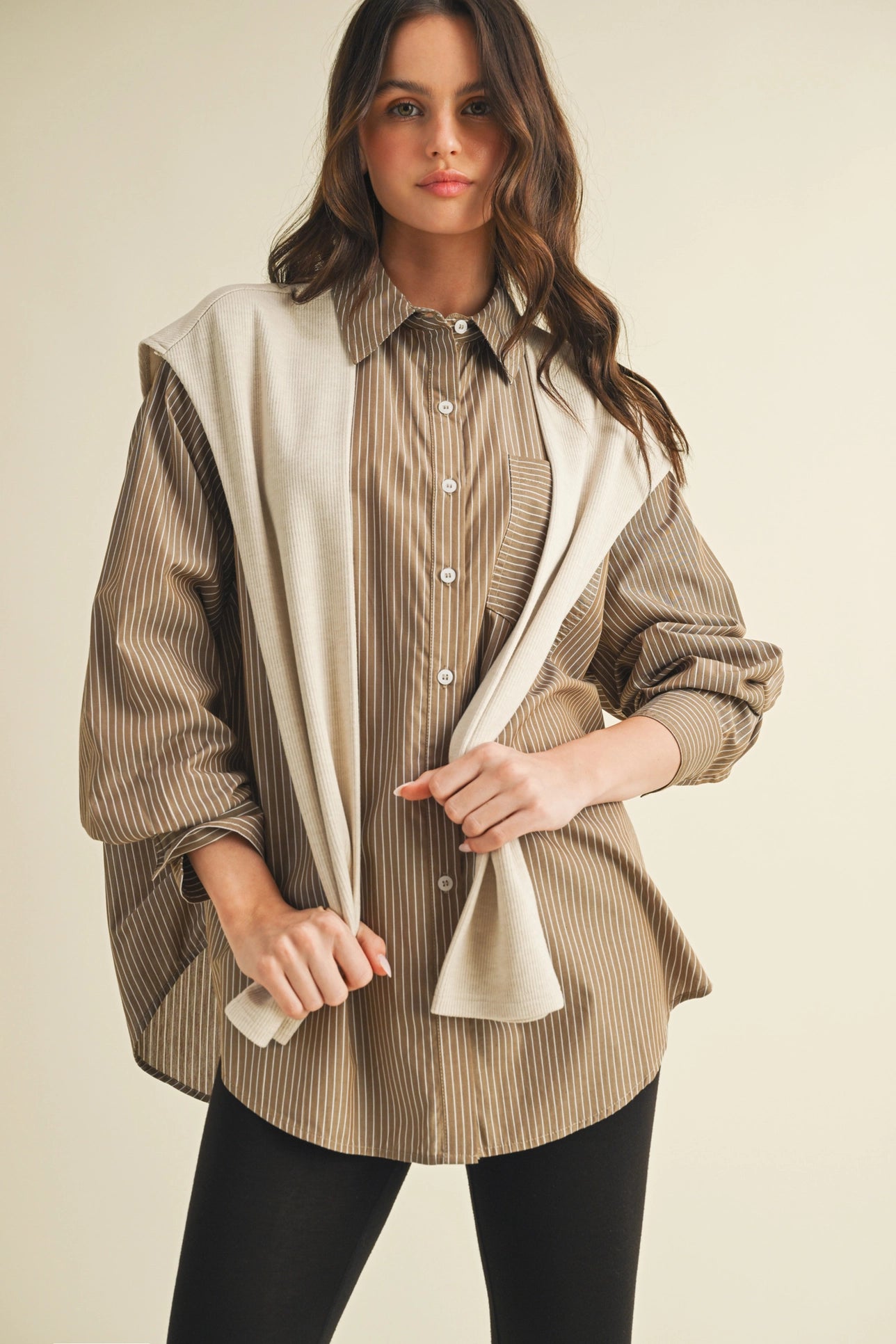 Striped Shrit with Layered Knit Sleeve Top - Ash Olive