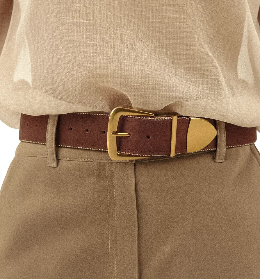 Zipper Lined Belt with Gold Hardware - Chocolate