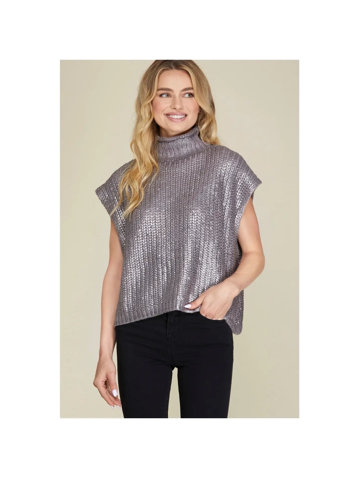 Metallic Foil Sweater Top - Silver