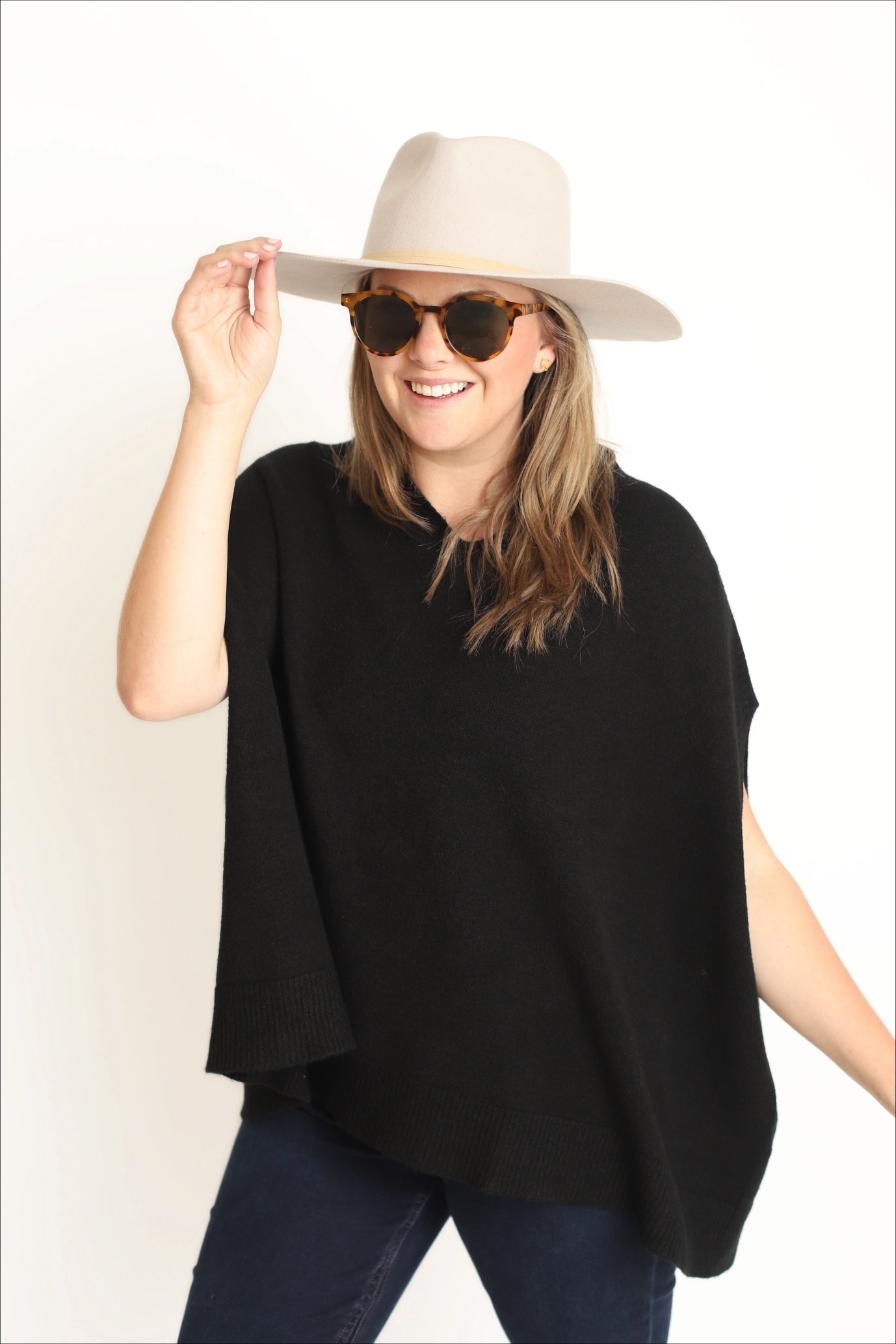 Italian Knit Oversized V-Neck Poncho Sweater - Black