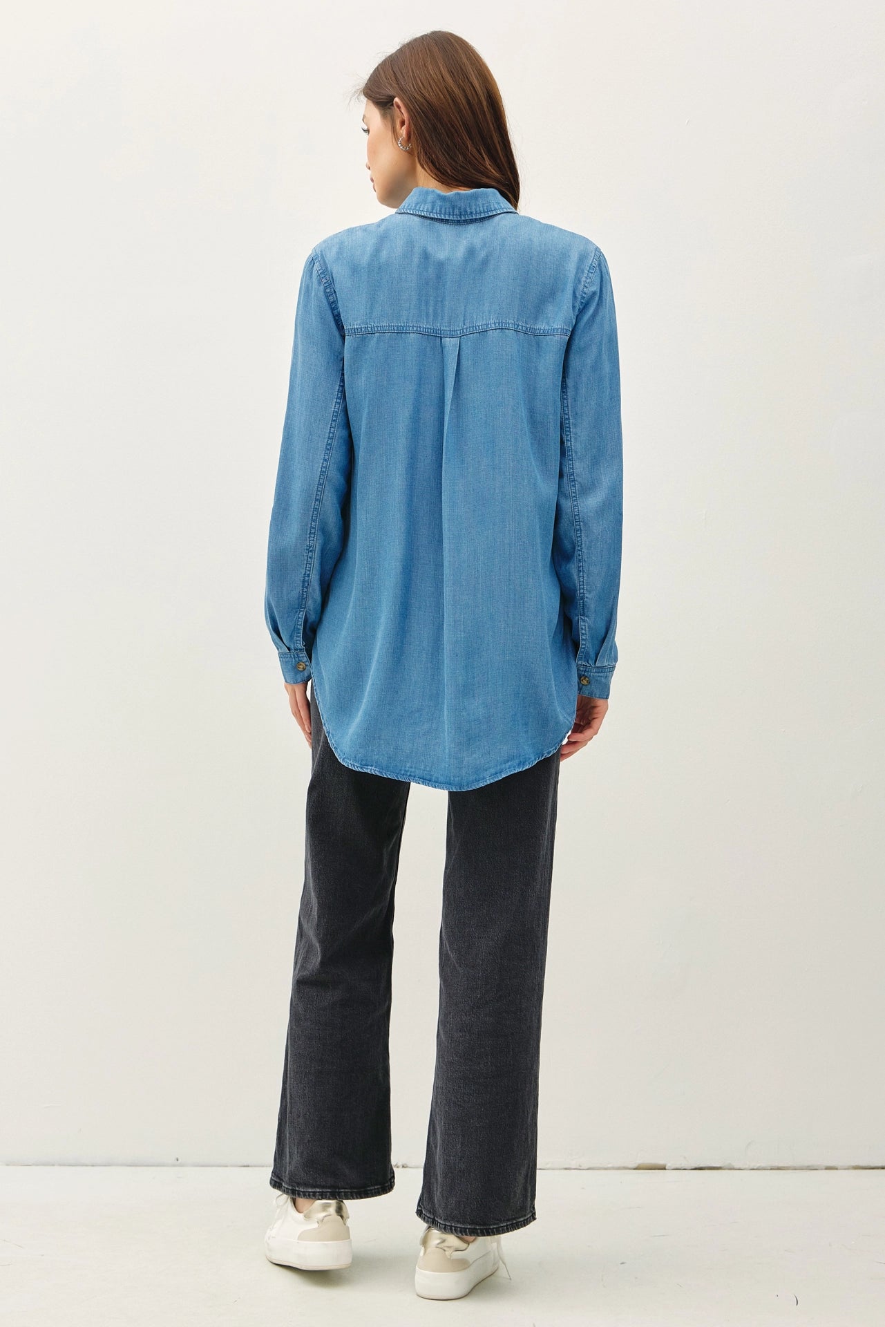 Denim Tencel Button Up Oversized Shirt - Medium Wash