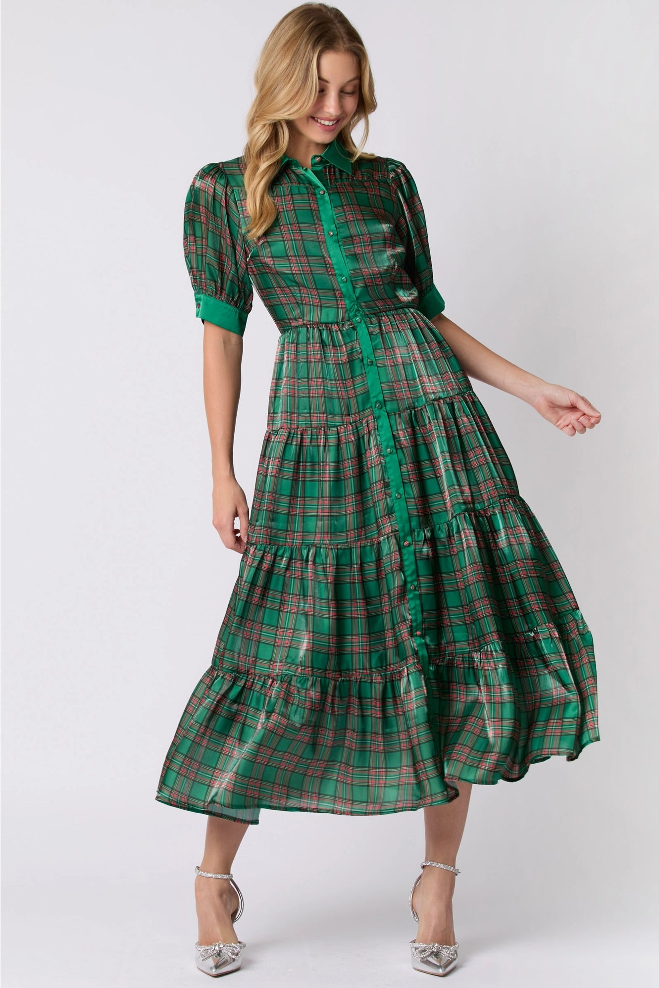 Christmas Plaid Print Silky Organza Midi