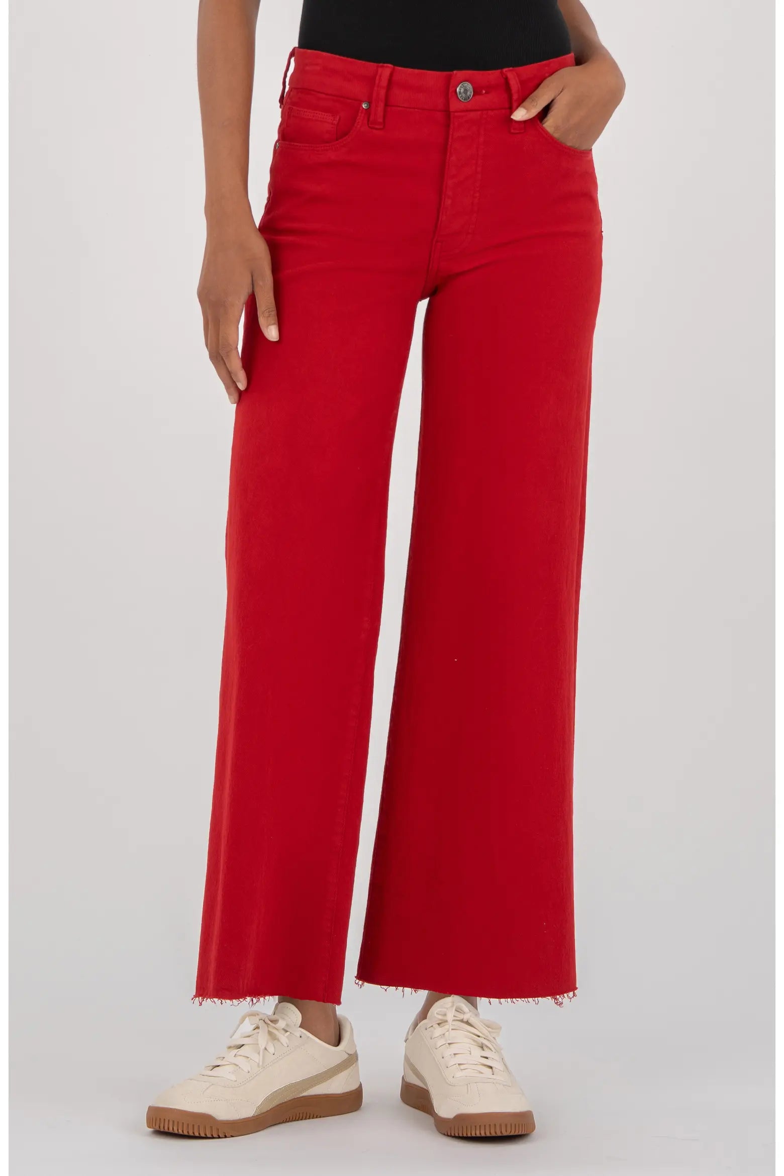 Meg High Rise Fab Ab Wide Leg  Raw Hem - Ruby Red