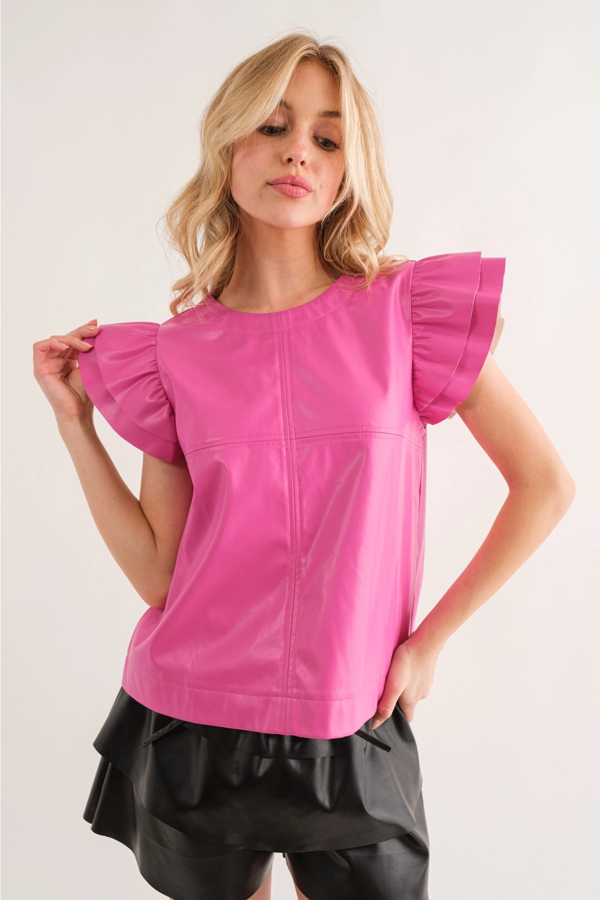 Ruffle Sleeve Faux Leather Top- Three Colors