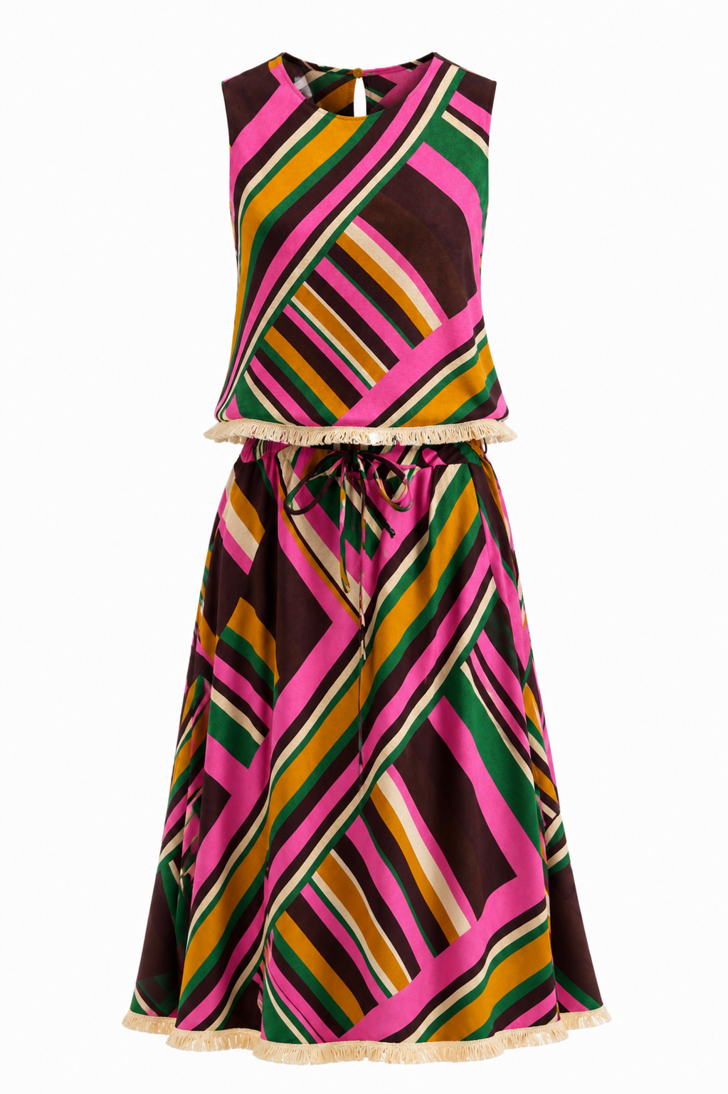 A sleeveless V-neck dress with a colorful diagonal striped pattern in pink, green, brown, and gold, featuring a tie waist and a frayed hem.