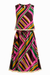 A sleeveless V-neck dress with a colorful diagonal striped pattern in pink, green, brown, and gold, featuring a tie waist and a frayed hem.