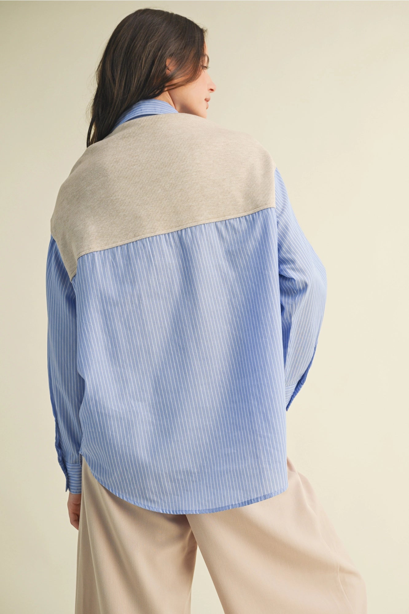 Striped Shrit with Layered Knit Sleeve Top - Chambray