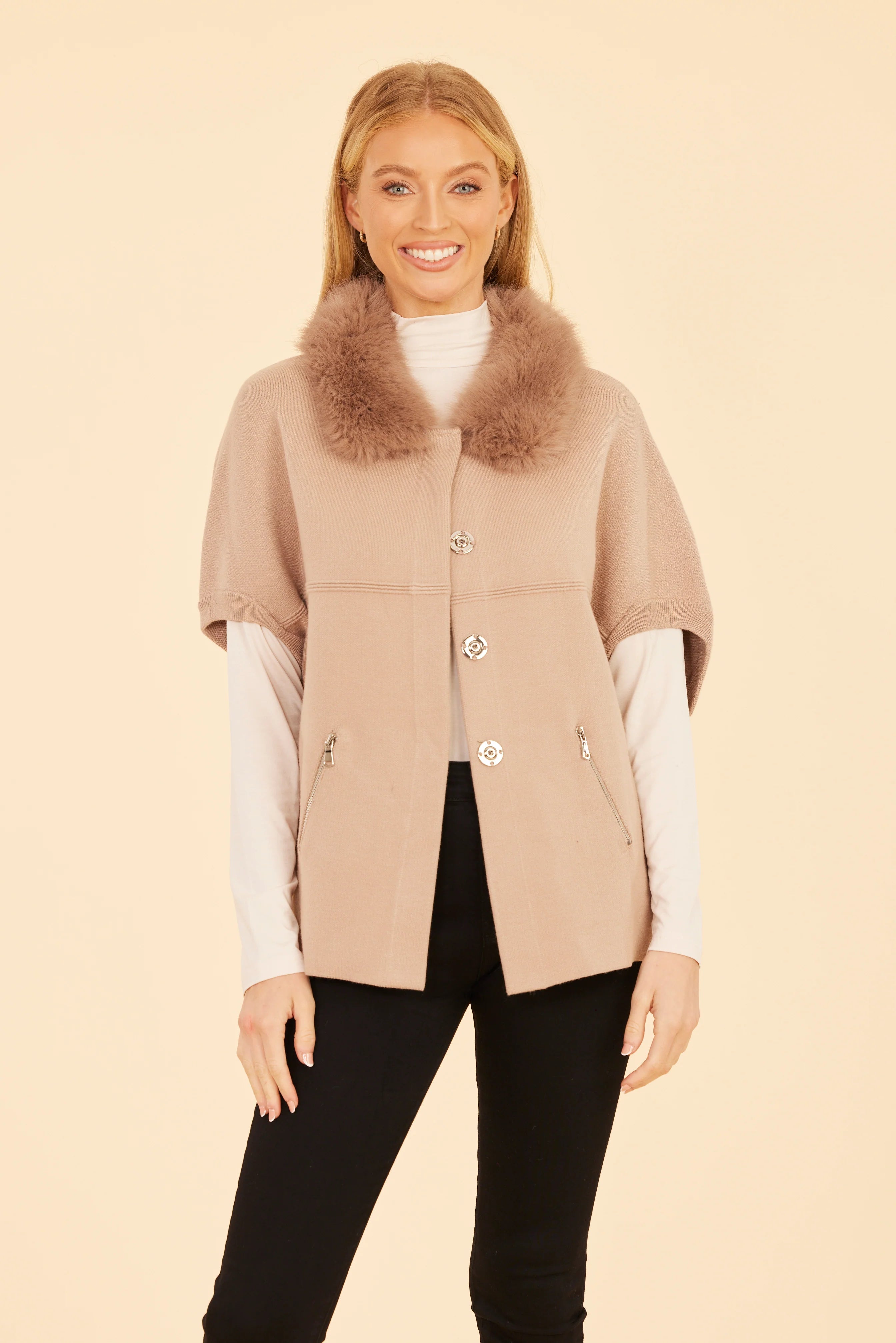 Faux Fur Collar Taupe Cape