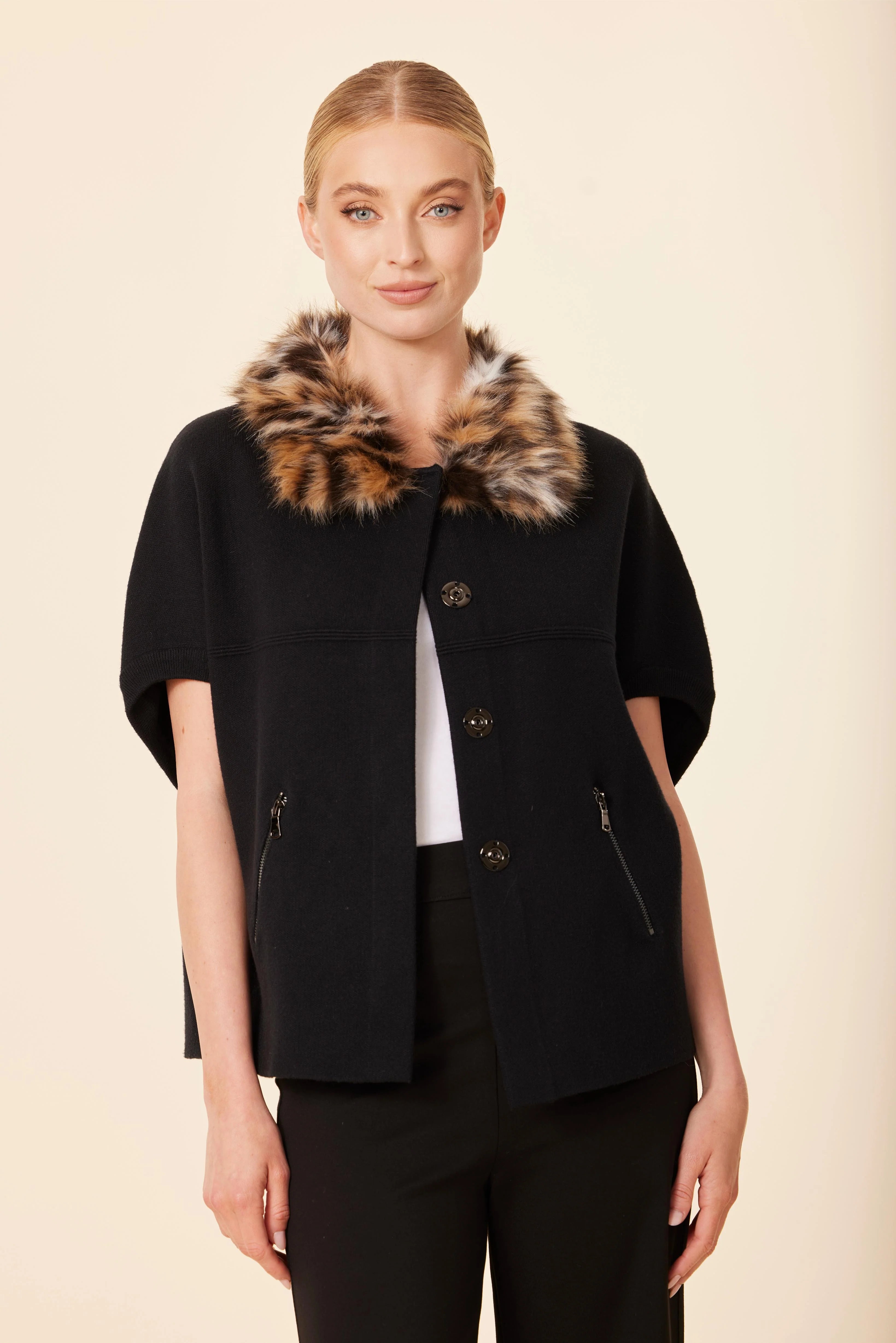 Faux Fur Trim Cardigan - Black/Leopard