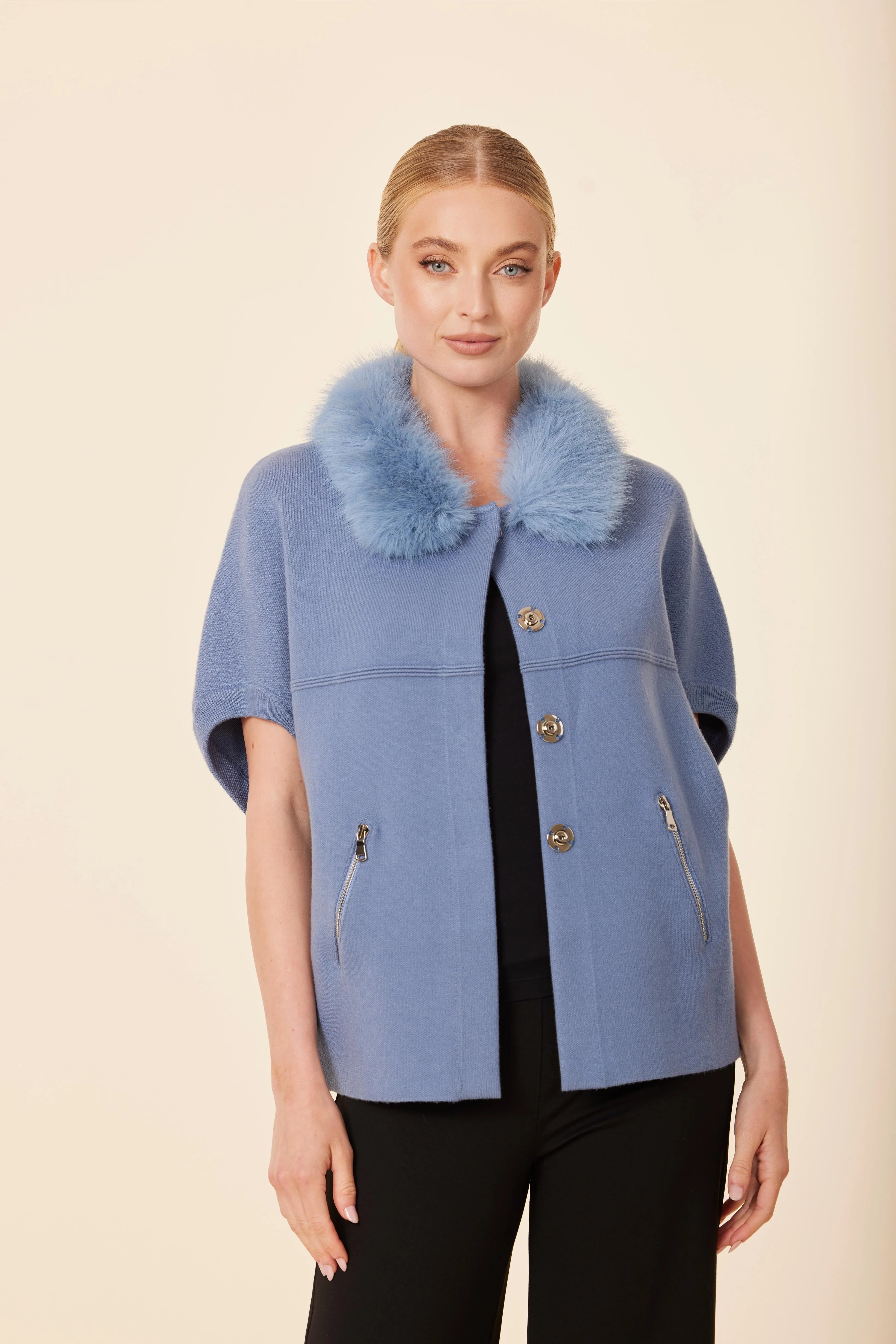 Faux Fur Trim Cardigan - Denim