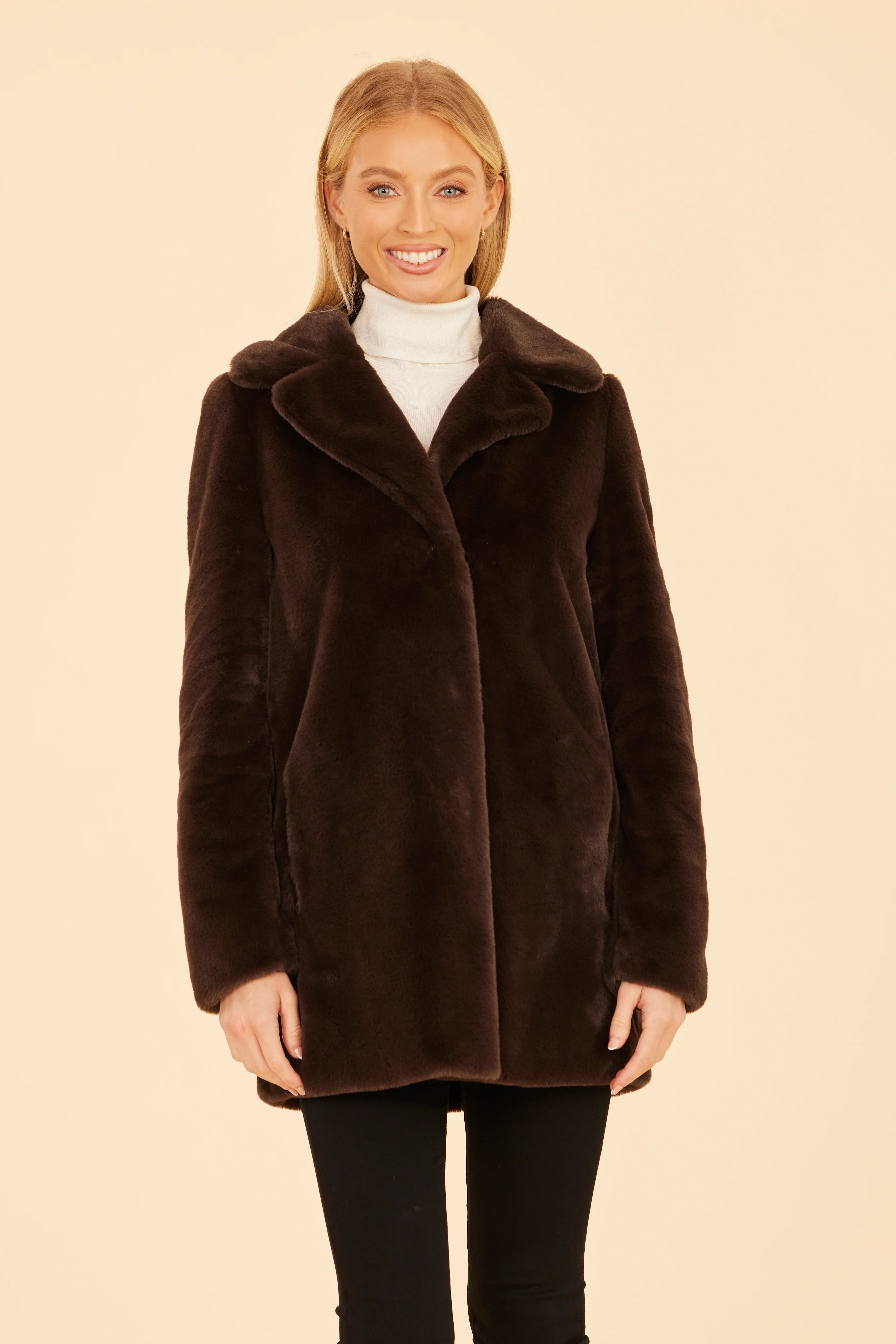 Mid Length Faux Fur Coat - Dark Brown
