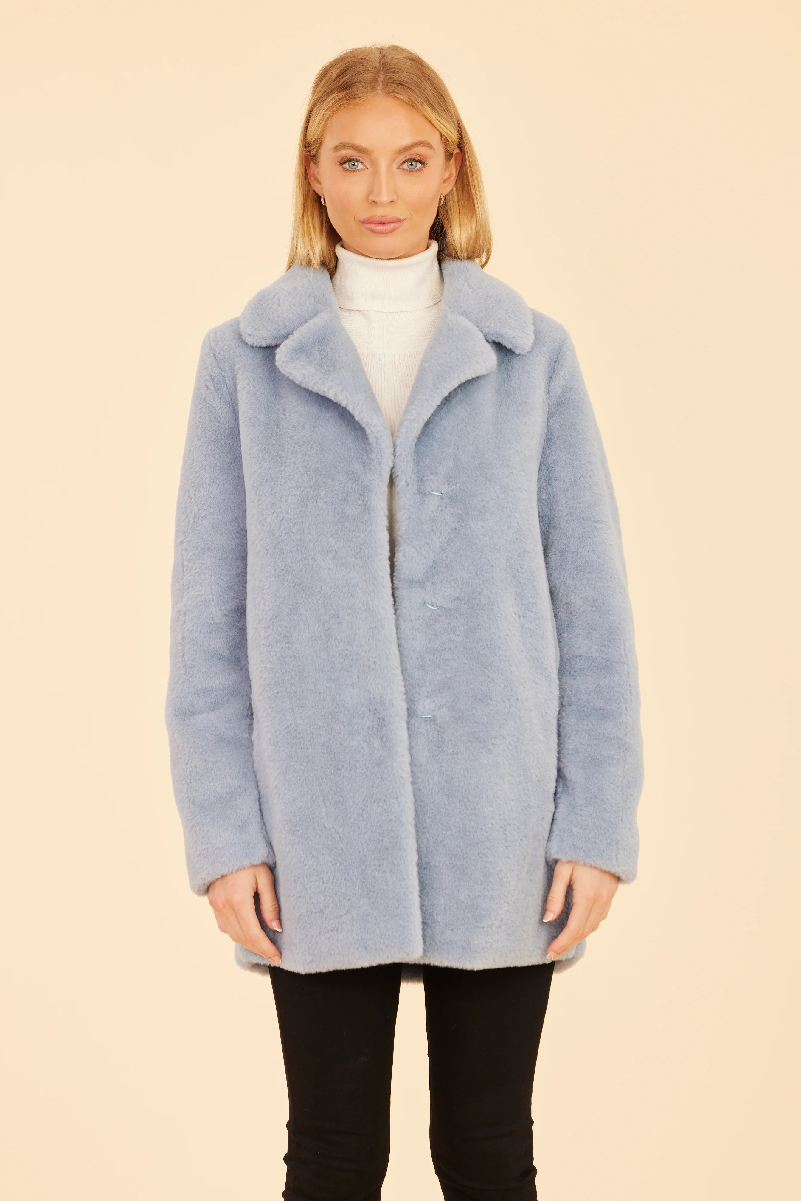 Mid Length Faux Fur Coat - Light Blue