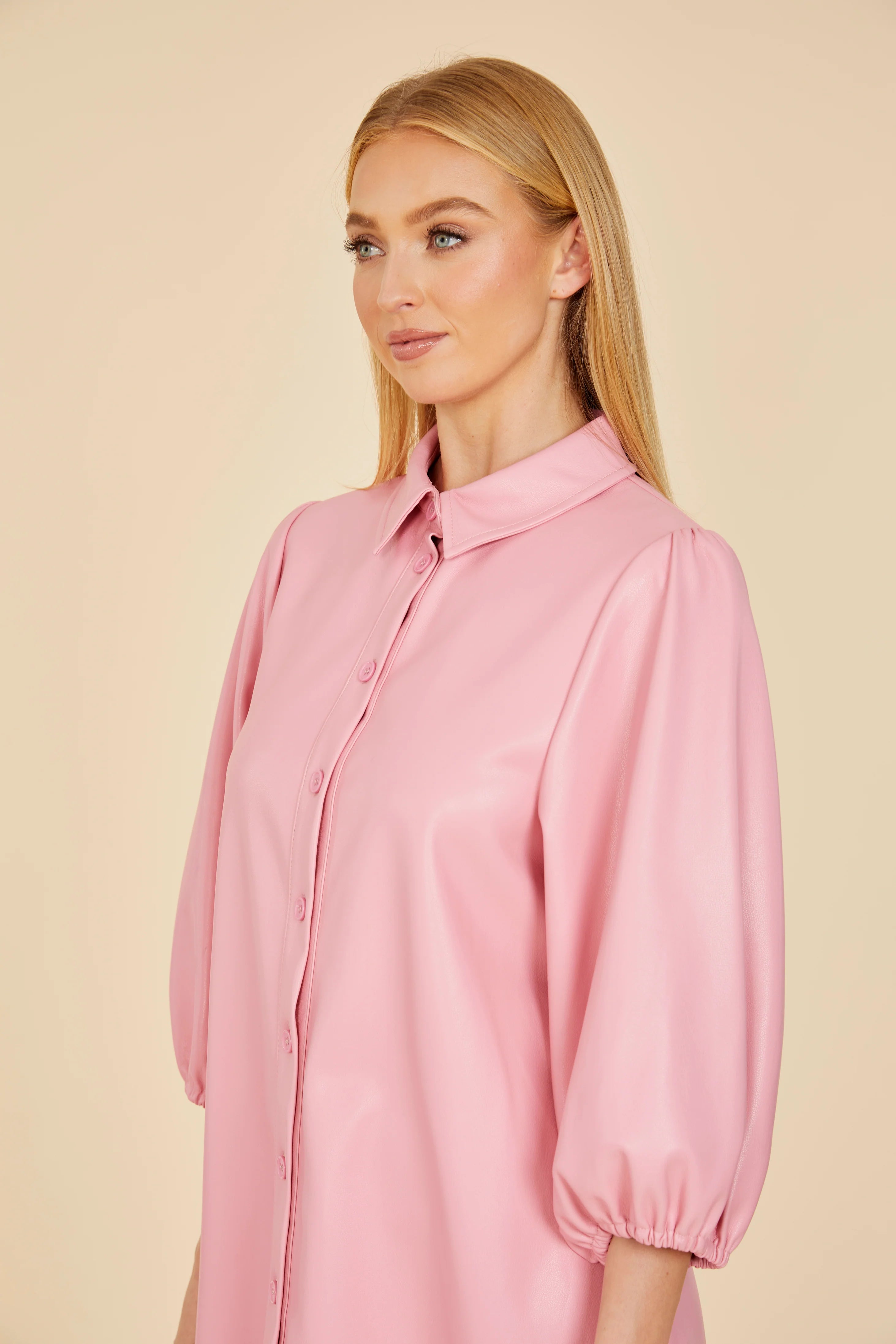 Vegan Leather Puff Sleeve Tunic  Dress- Pink