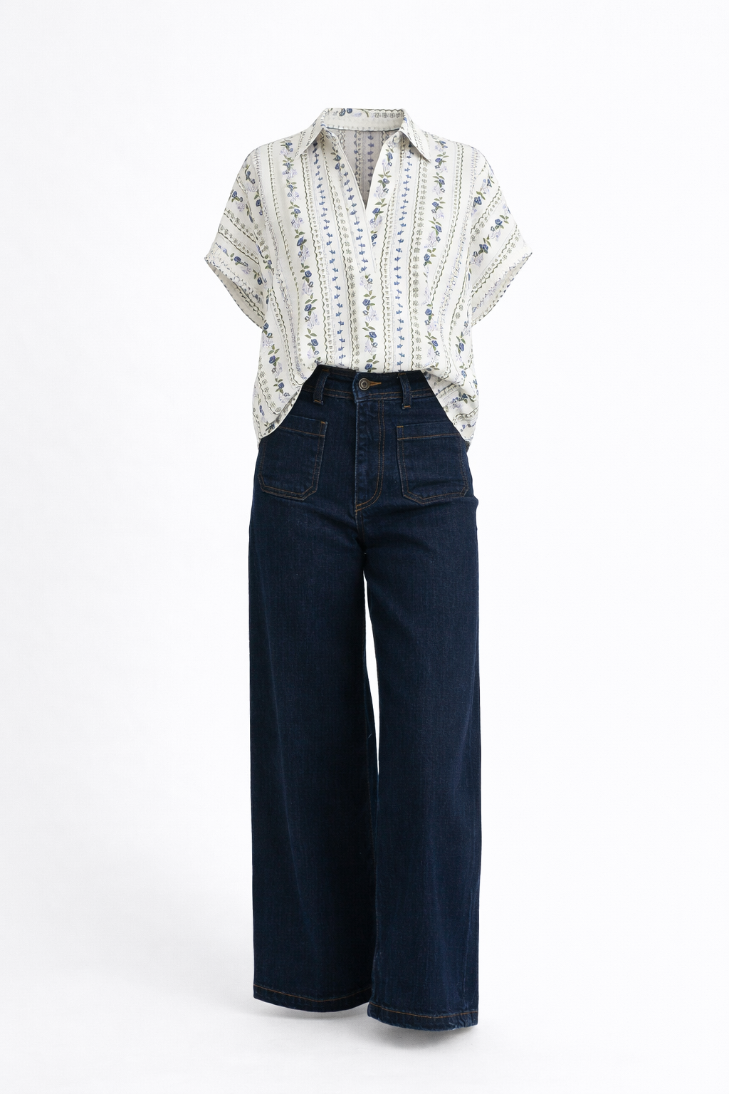 French Floral Signature V Neck Collar Top - Olive