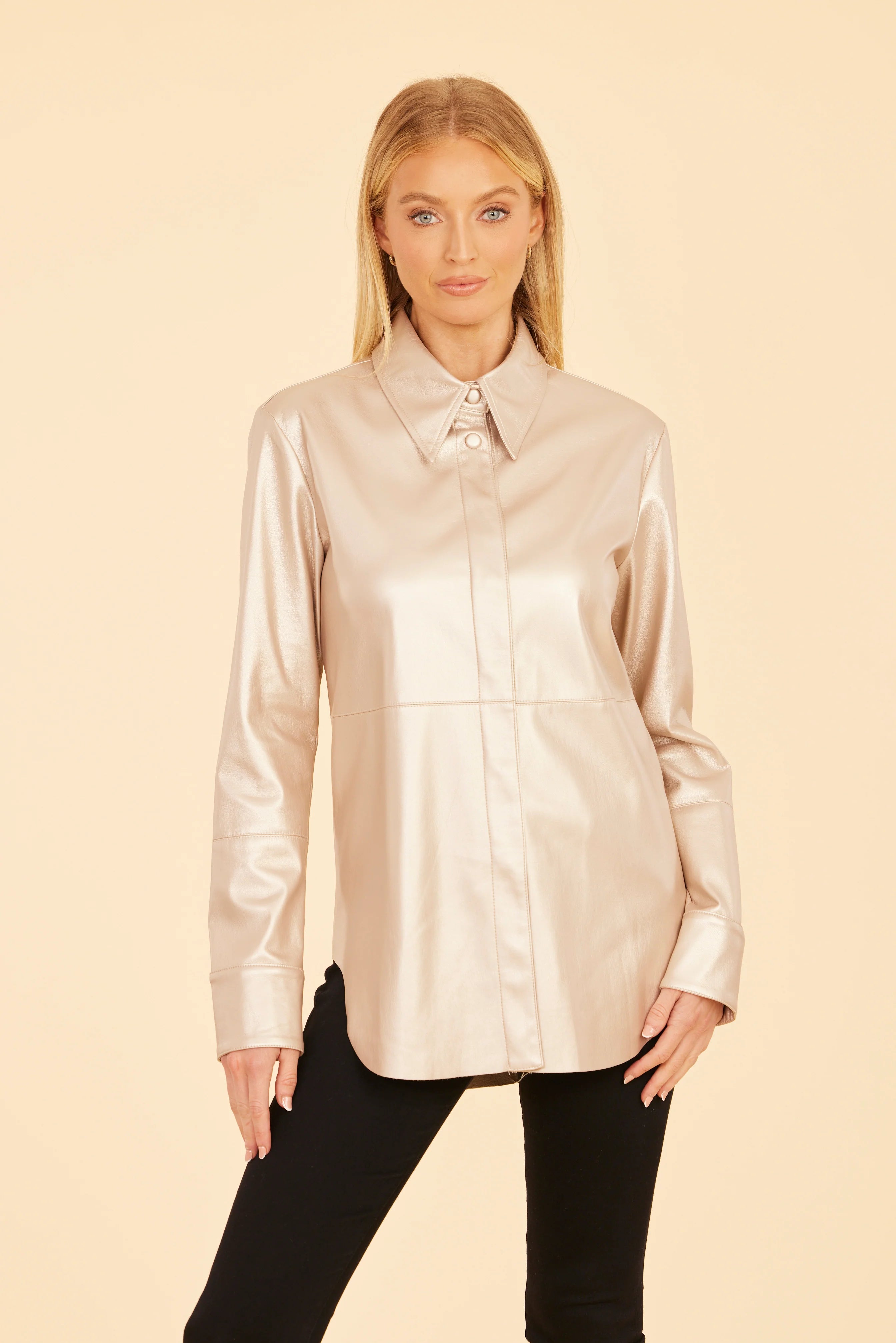 Metallic Faux Leather Button-Up Shirt- Pale Gold