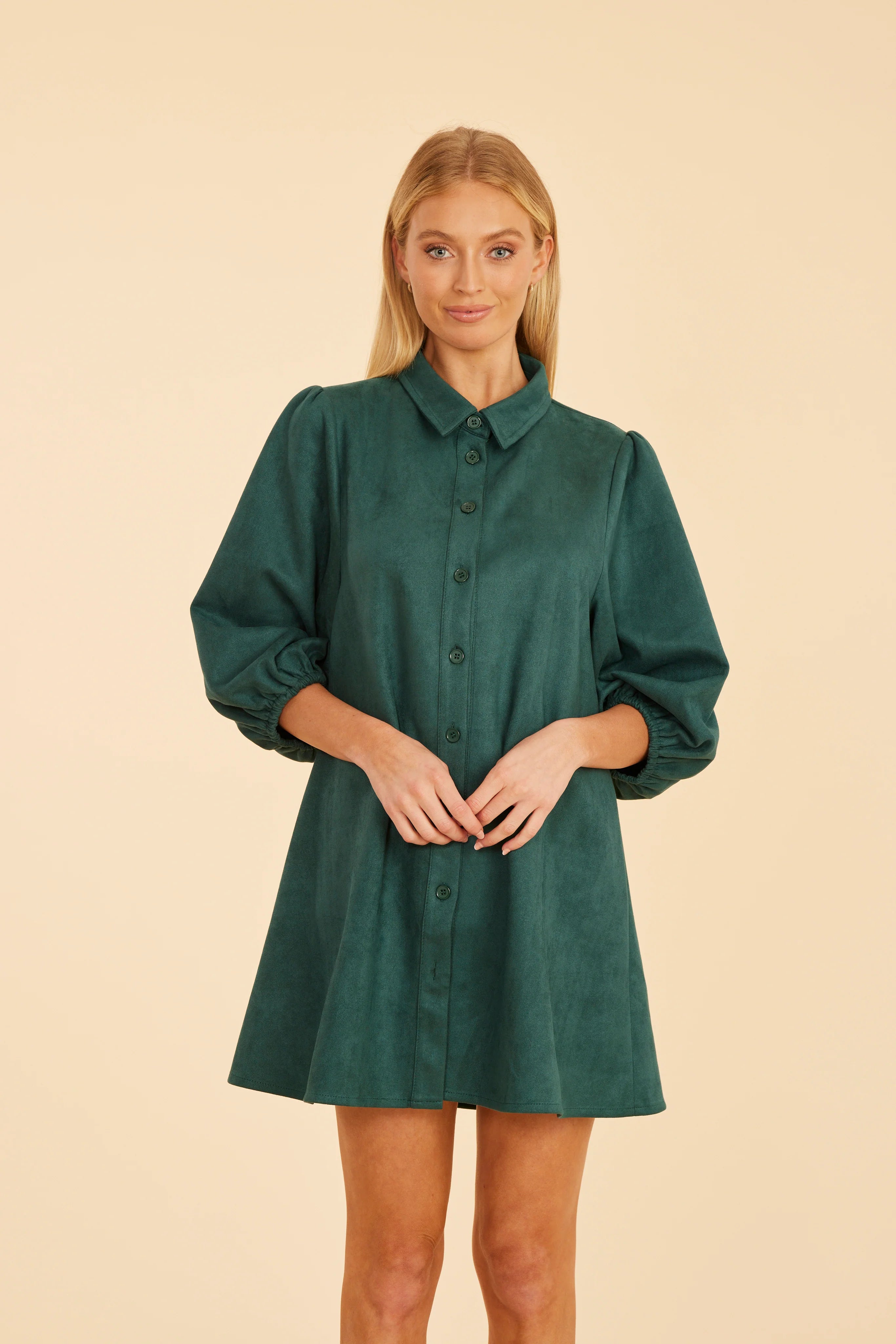 Clara Faux Suede Dress- Forest Green