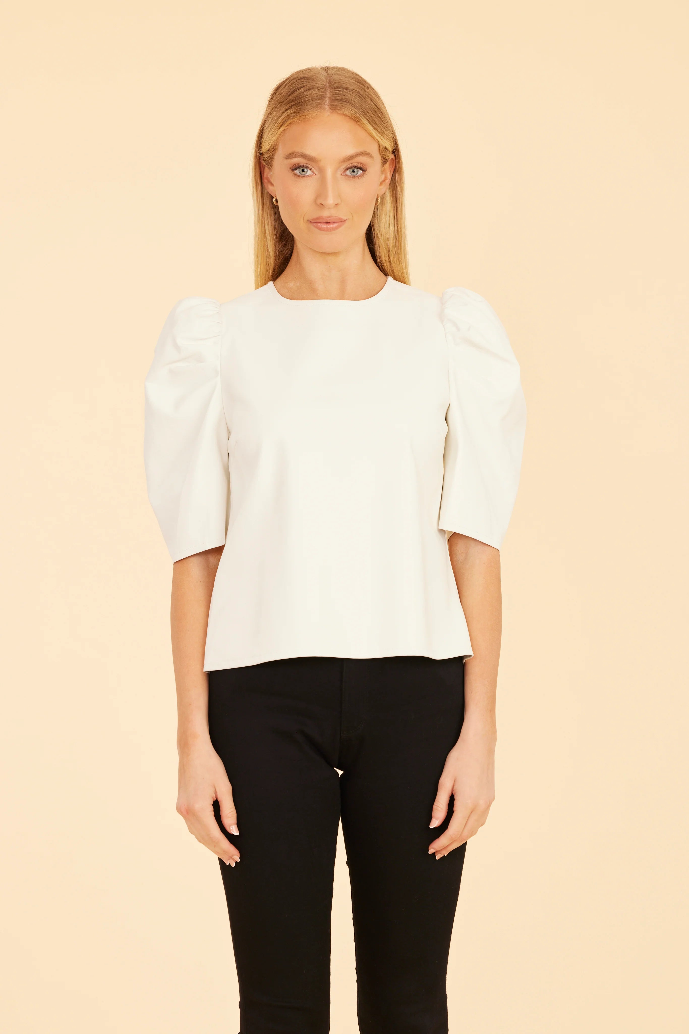 Faux Leather Puff Shoulder Top - White