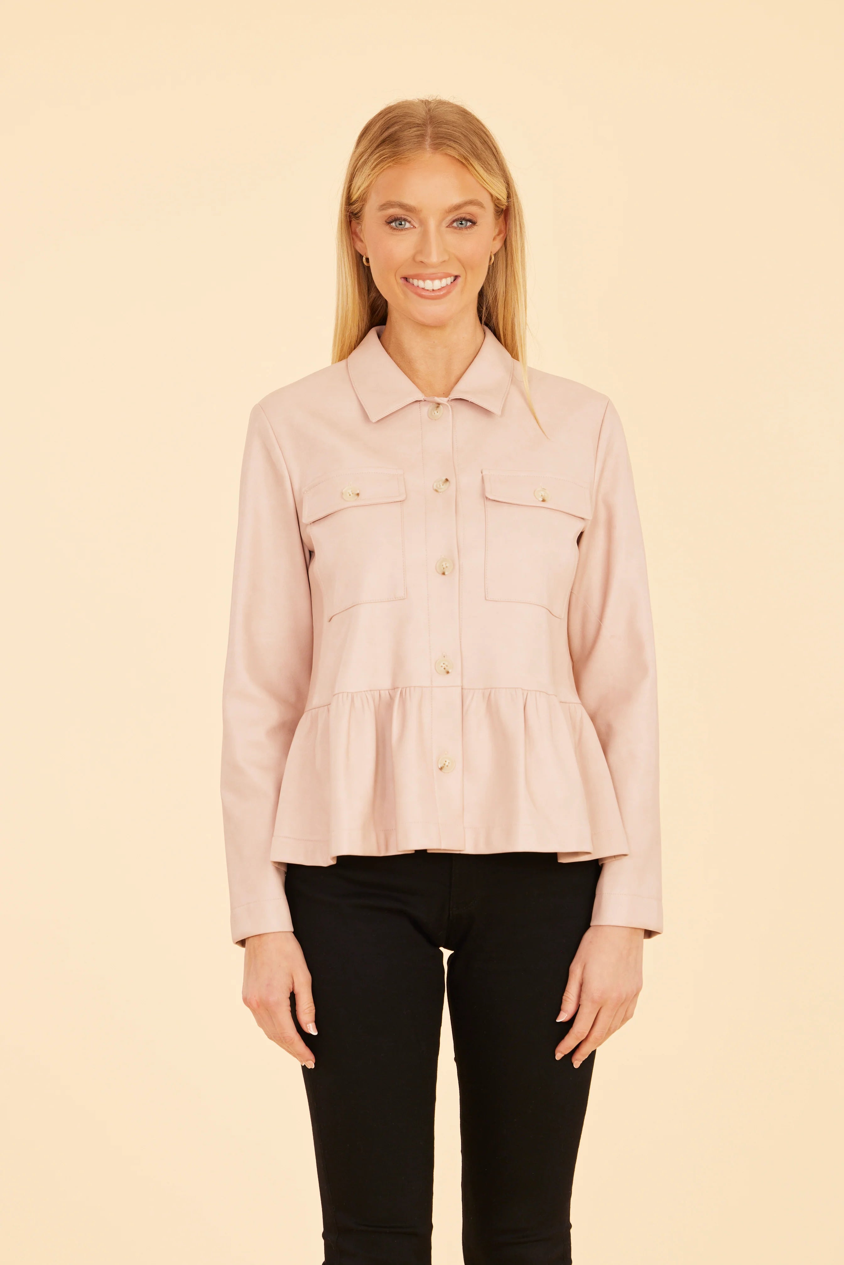 Faux Leather Peplum Shirt Jacket - Pink