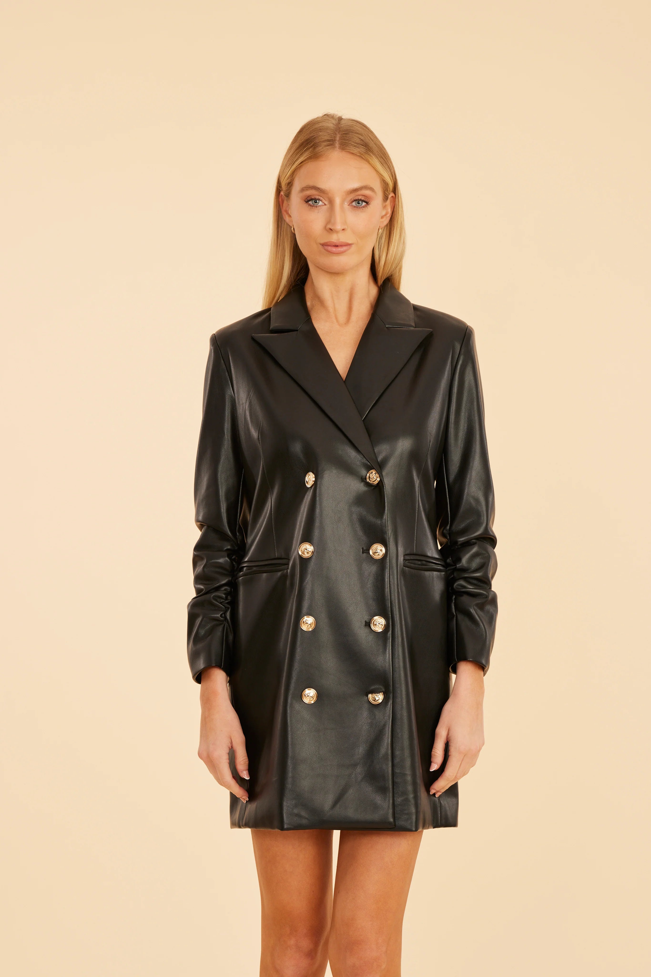 Faux Leather Blazer Dress - Black