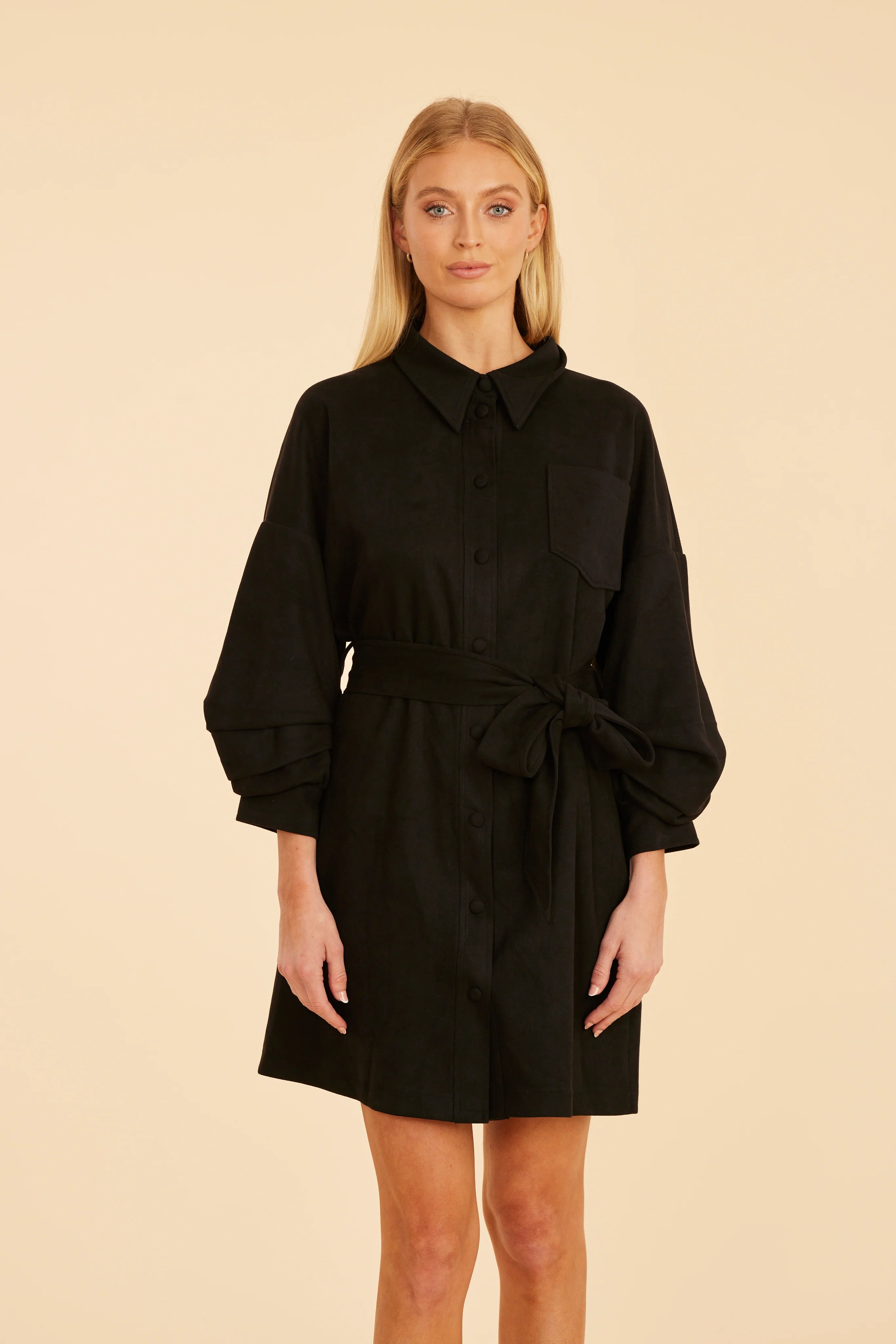 Faux Suede Belted Dress with Ruched Sleeves - Black