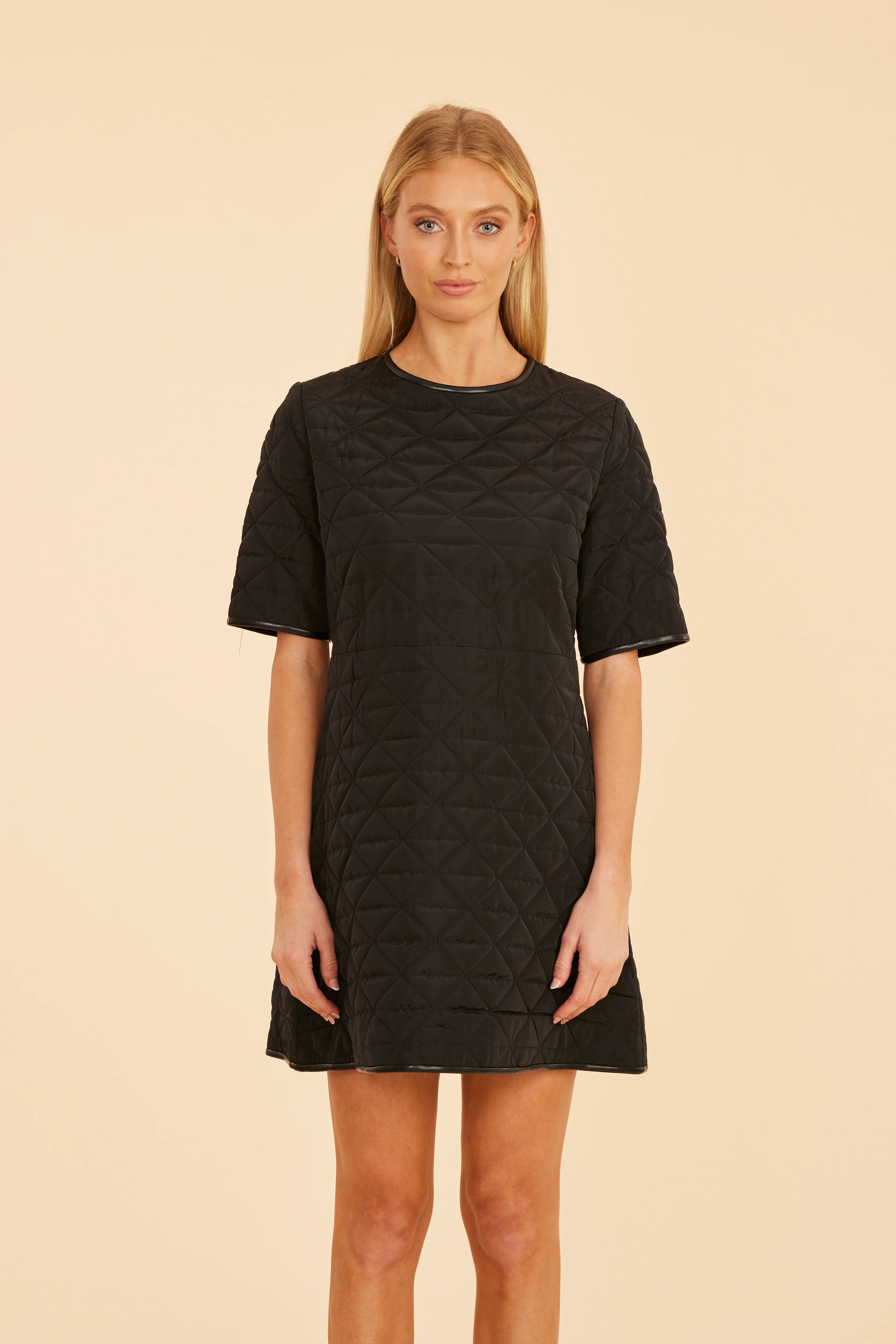 Quilted Nylon and Faux Leather Trim Dress - Black